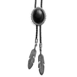 Black Stone & Metal Feathers Adjustable Braided Leather Bolo Tie