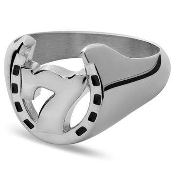 Ace | Silver-Tone Stainless Steel Lucky 7 & Horseshoe Signet Ring