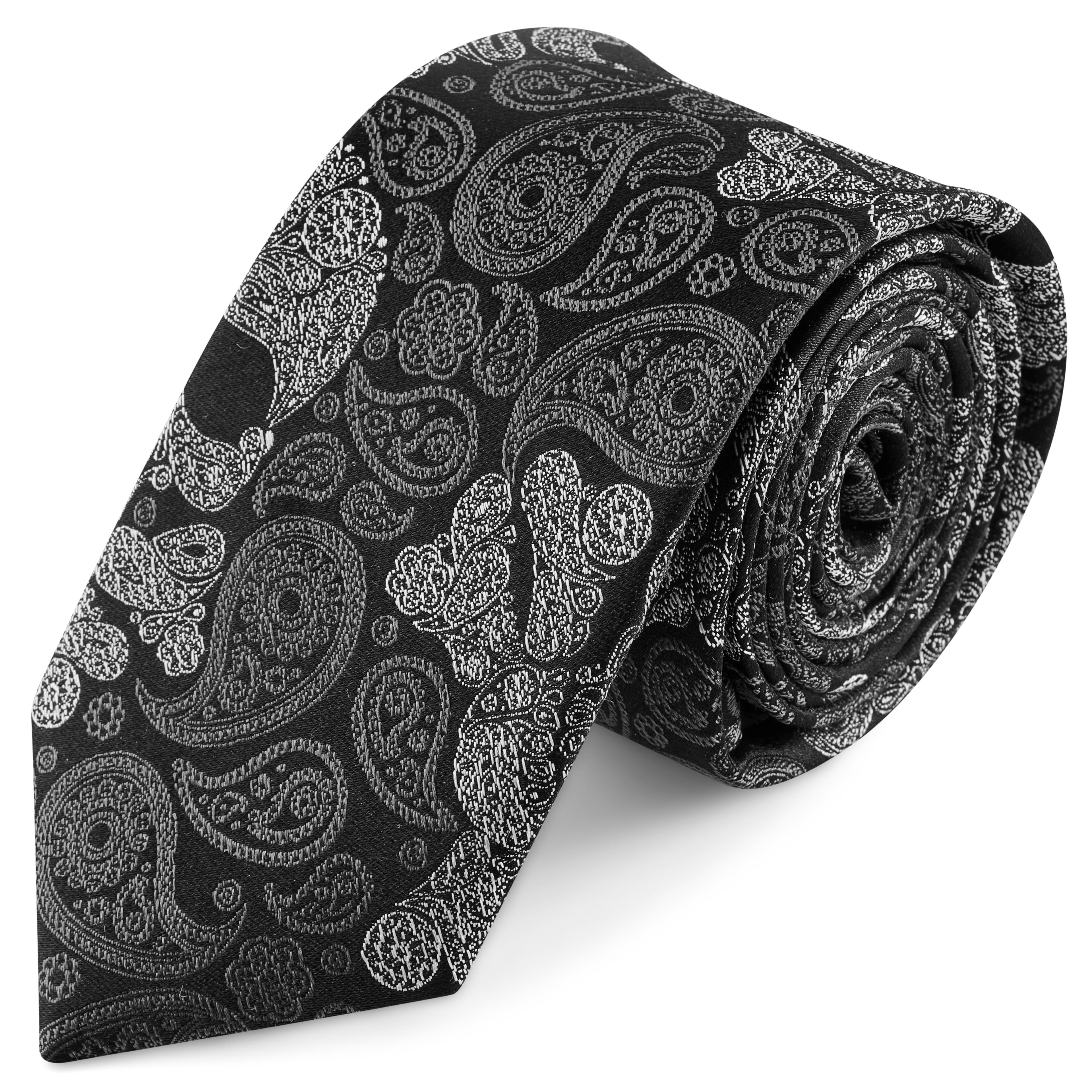 Hodvábna kravata so vzorom paisley a lebkami v čiernej a sivej farbe | 6 cm Hodvábna kravata so vzorom paisley a lebkami v čiernej a sivej farbe | 6 cm