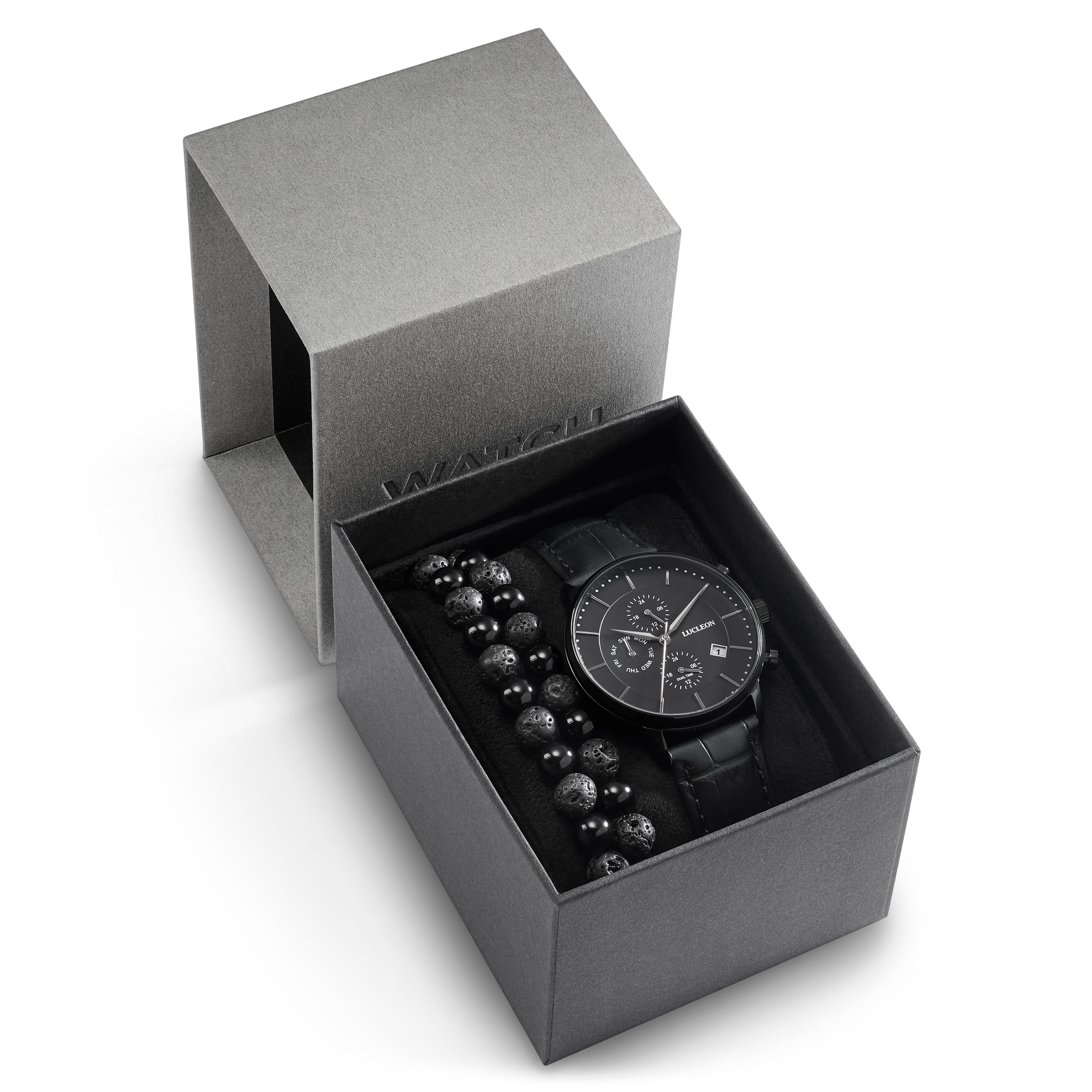 Caja de regalo con reloj multifunción negro y pulsera de piedra de lava y ágata - 1
