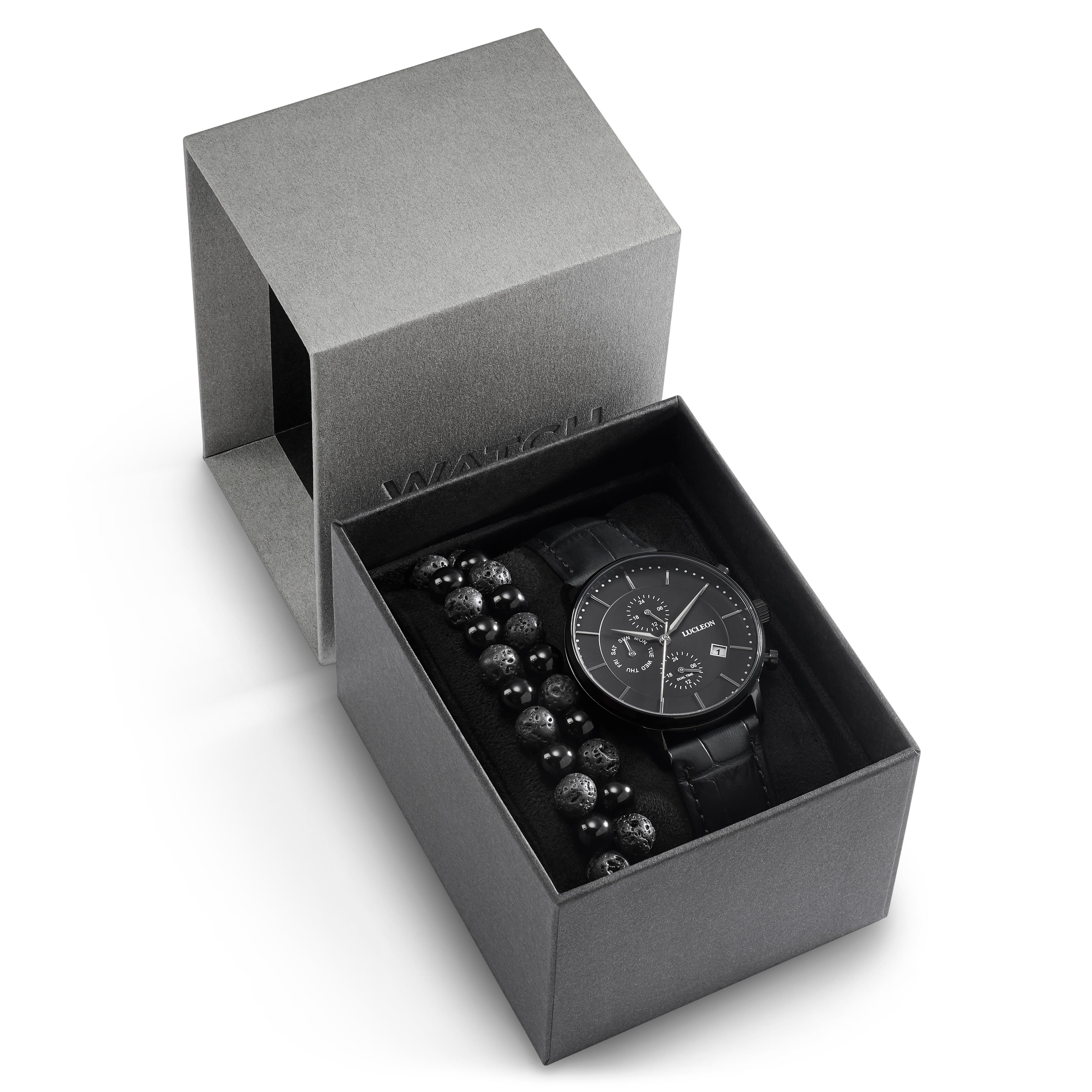 Black Multifunction Watch + Lava Rock & Agate Bracelet Gift Box - 1
