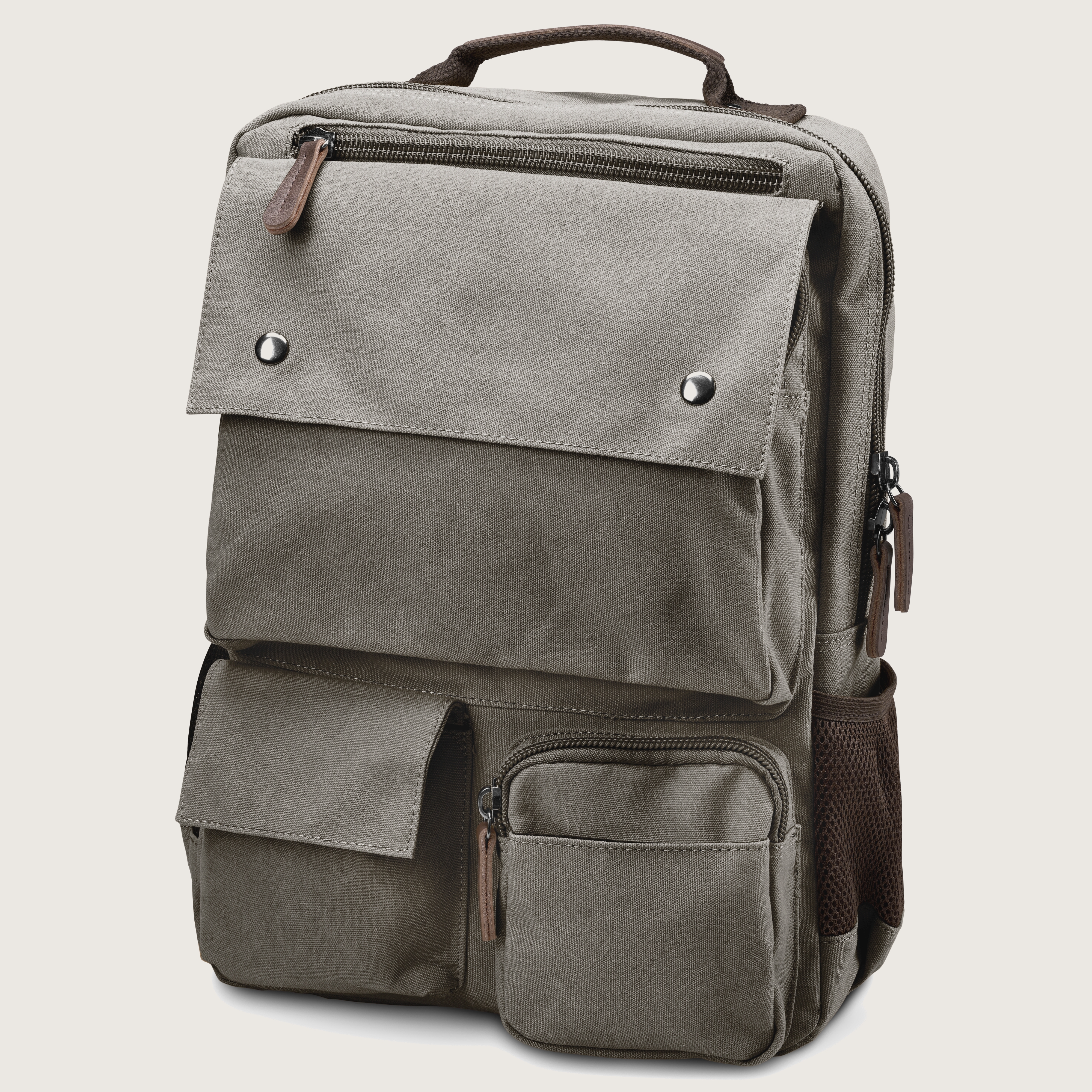 Metallic Gray Canvas & Brown Leather Compact Backpack | In stock