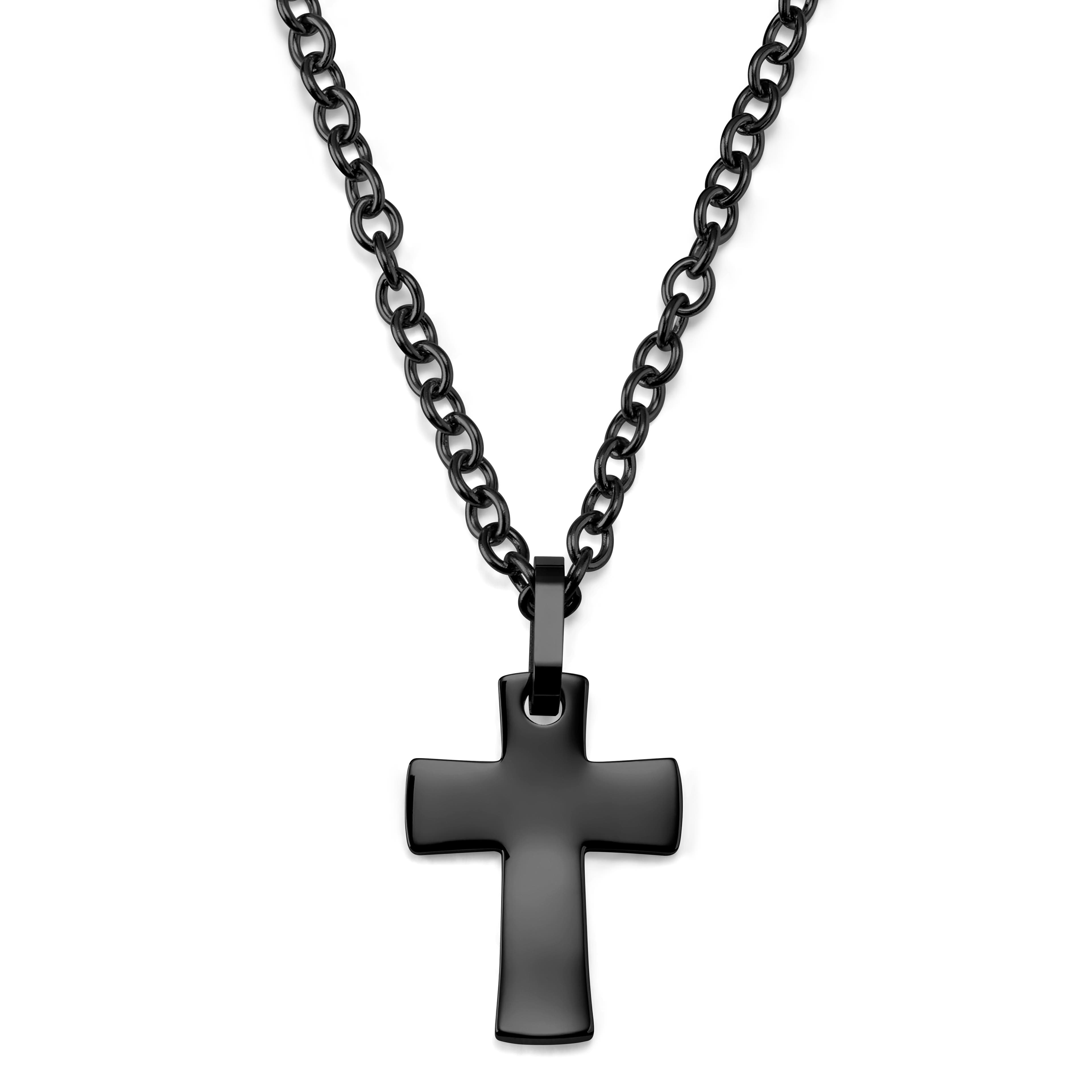 Collier à pendentif croix et bords incurvés en acier inoxydable gris gunmetal