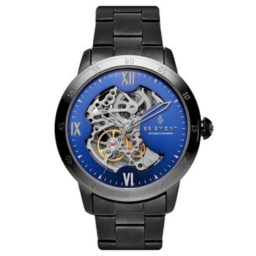 Dante | Black Stainless Steel Skeleton Watch With Blue Dial