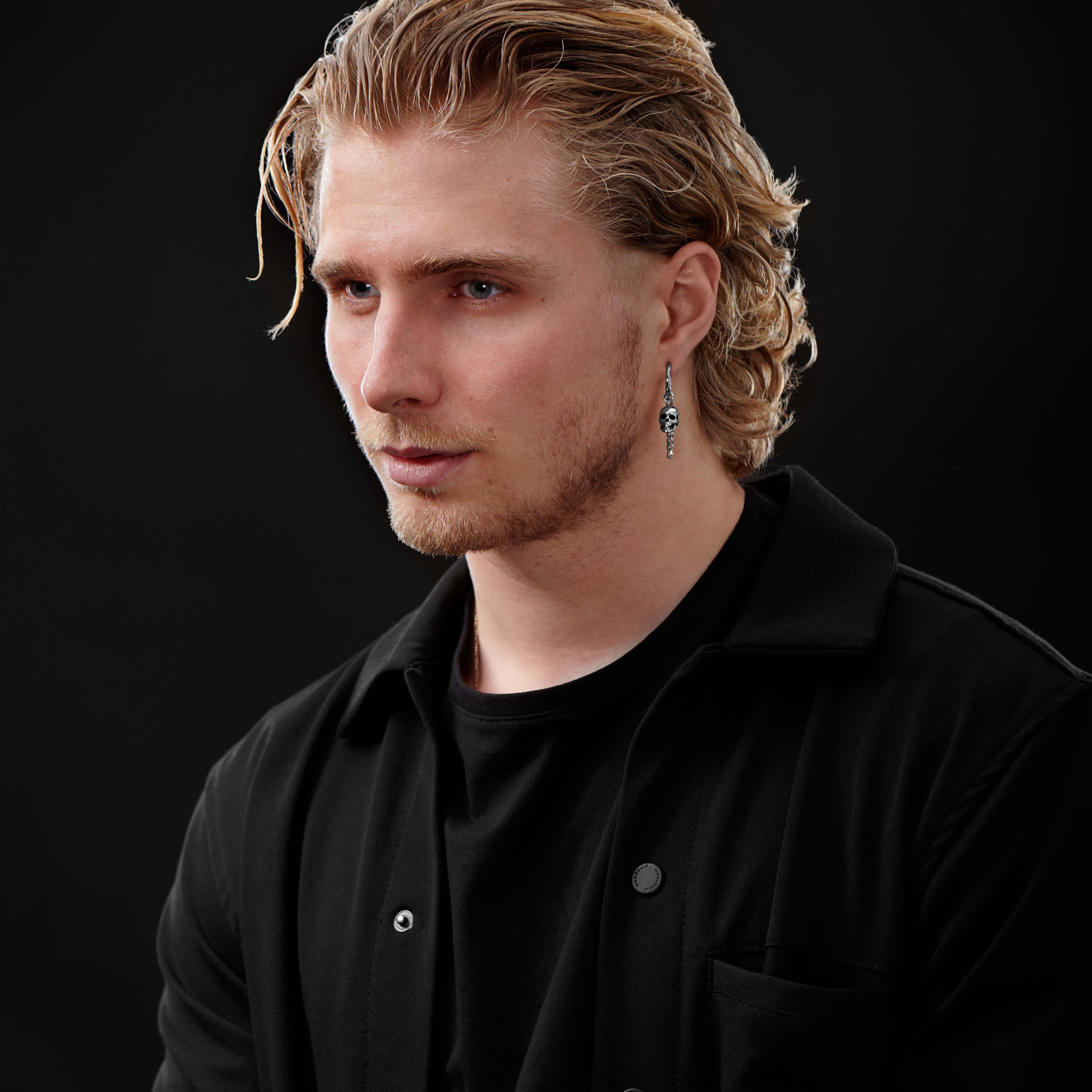 Silver-Tone Steel Drop Hoop Earring with Skull & Chain Charms - 4