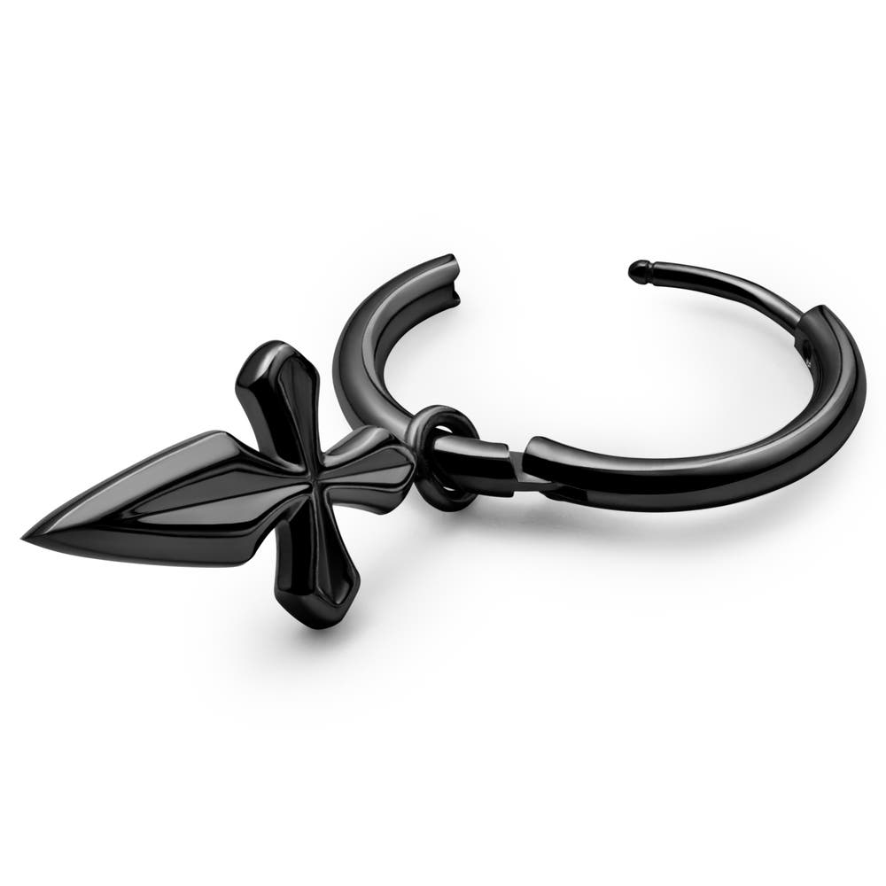 hover: Vasilios Black Hoop Earring with St. James Cross Pendant hover: Vasilios Black Hoop Earring with St. James Cross Pendant