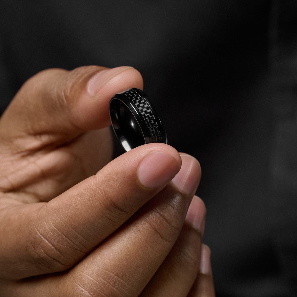 hover: Hyperan | 8 mm Black Titanium Ring with Carbon Fibre Inlay hover: Hyperan | 8 mm Black Titanium Ring with Carbon Fibre Inlay