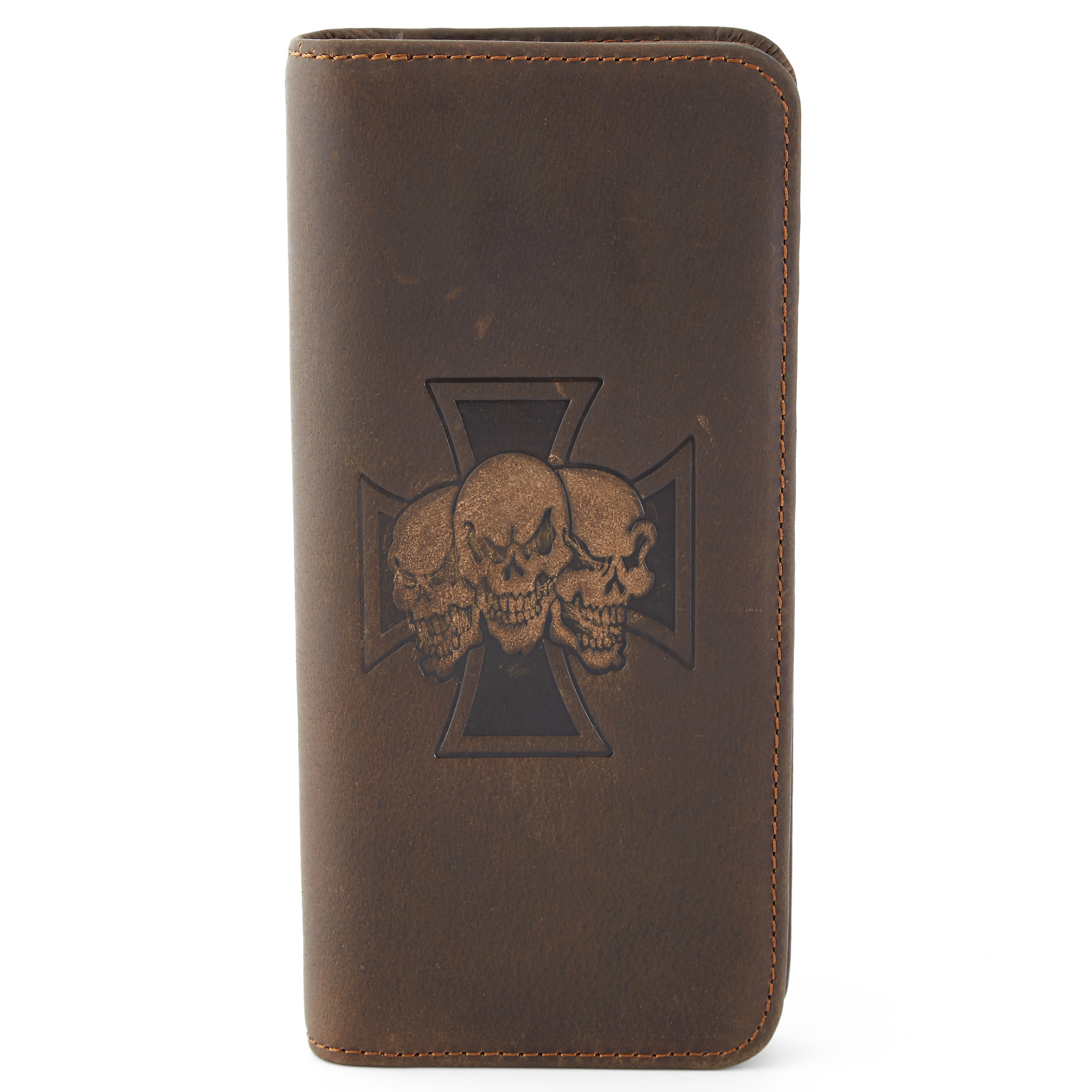 Cartera de cuero alargada con triple calavera y cruz - 3