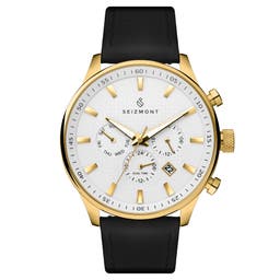 Troika II | Gold-Tone Dual-Time Watch With White Dial & Black Leather Strap