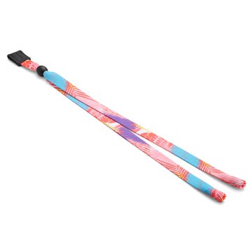 Cordon large pour lunettes de soleil à motif tropical rose, bleu et cuir Cordon large pour lunettes de soleil à motif tropical rose, bleu et cuir