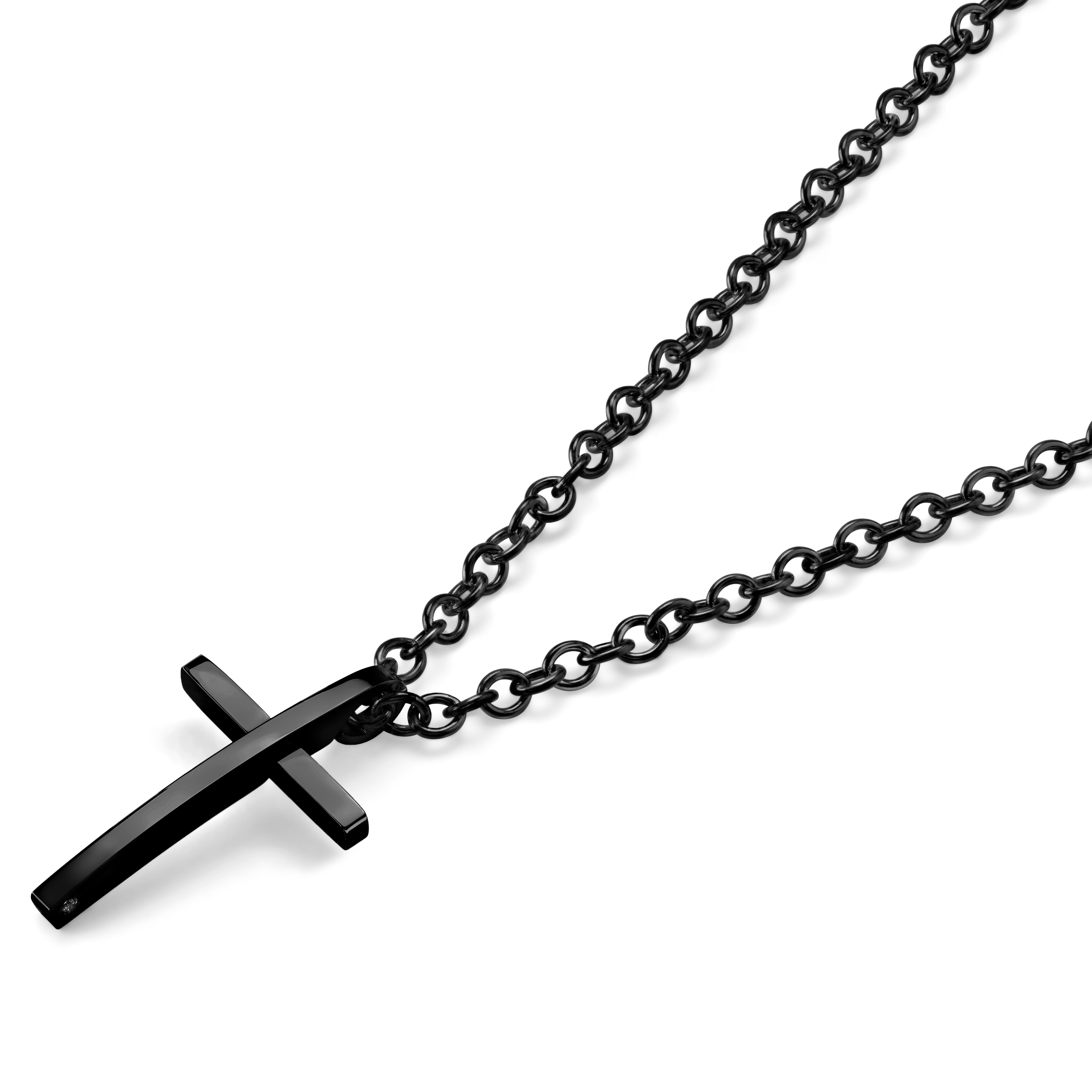 Collier à pendentif croix latine en acier noir poli - 2