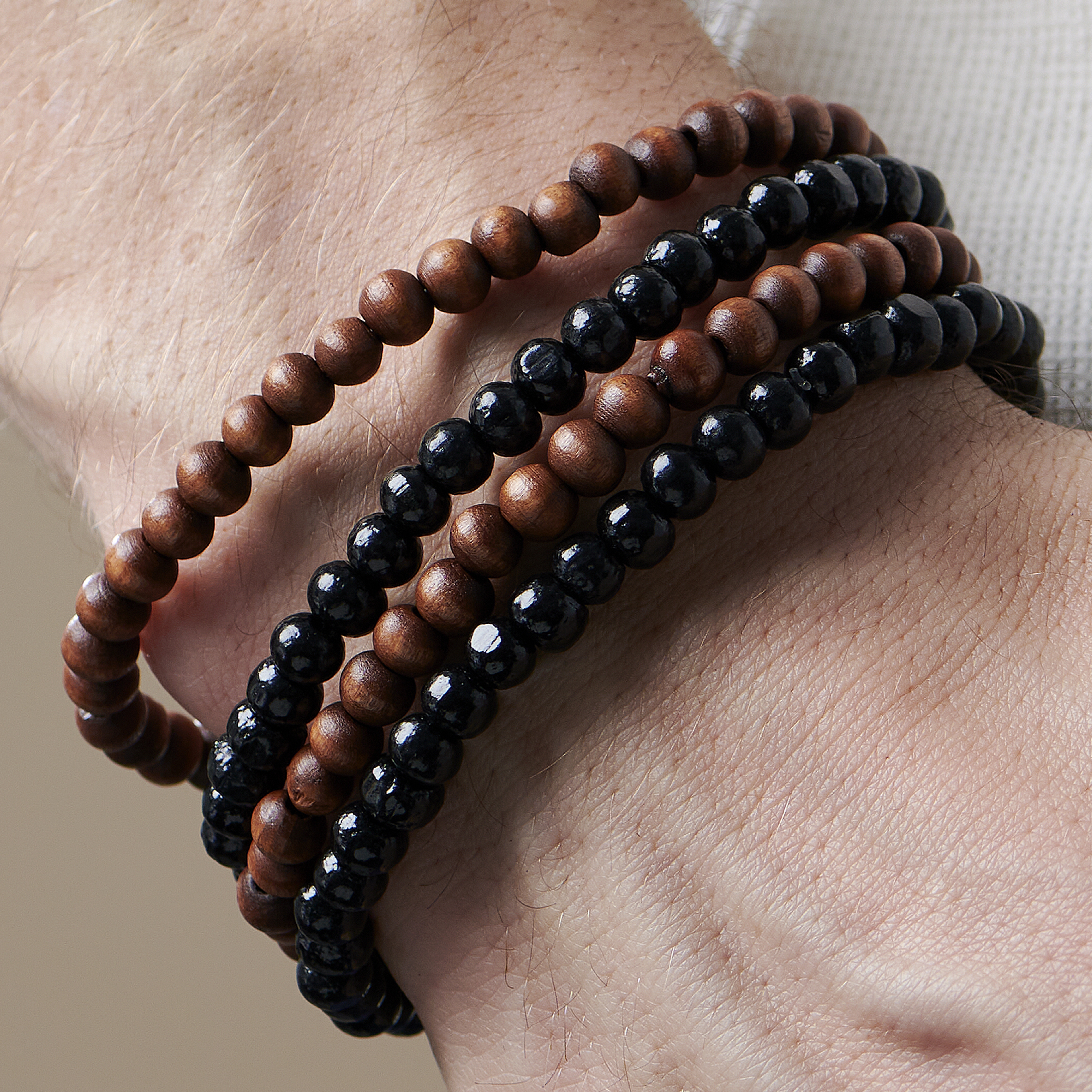 Men’s 2 Wood Brown Black Stretchable Bracelets 9” X LARGE Perfect Gift!