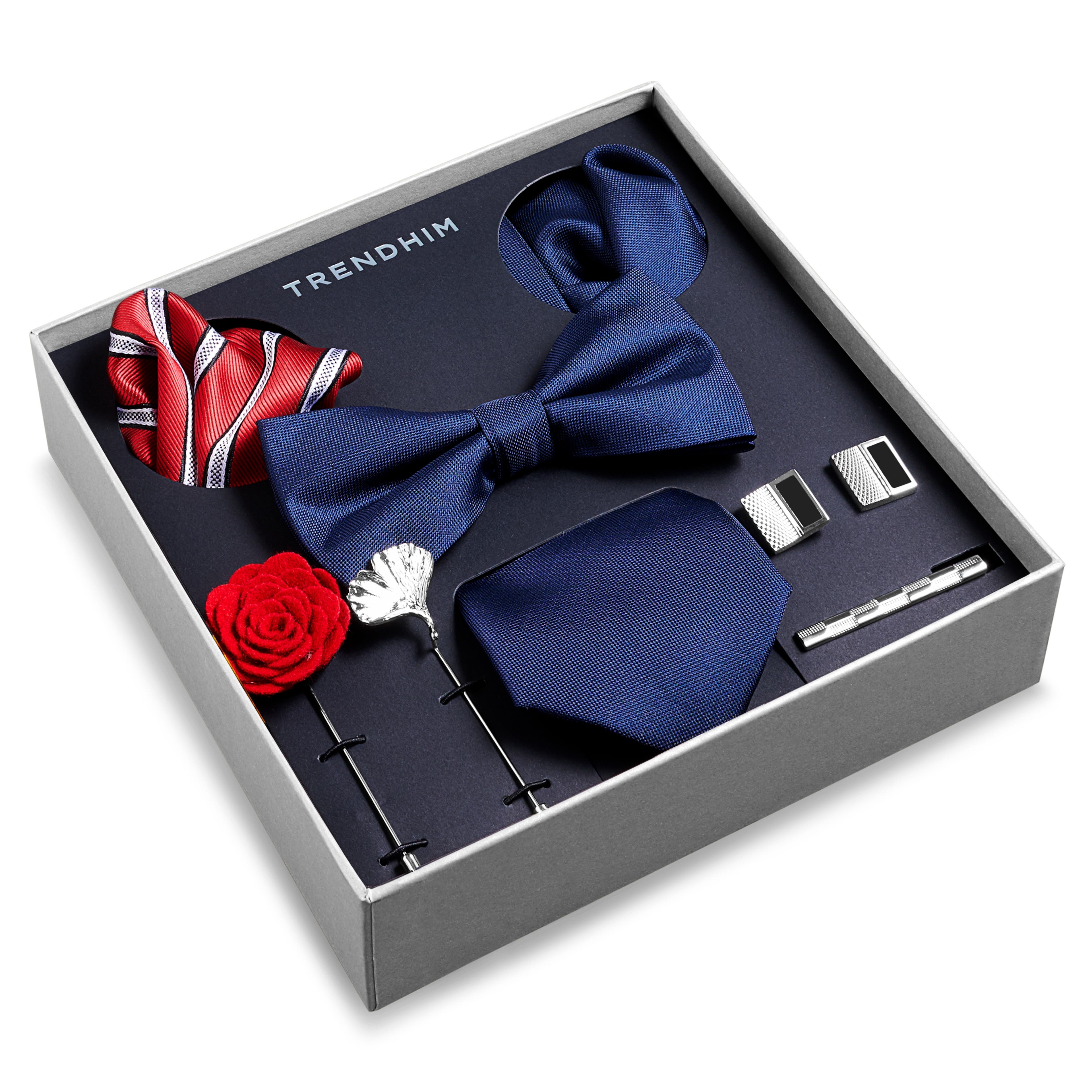 Подаръчна кутия с аксесоари за костюм | Комплект в тъмносиньо, червено и сребристо