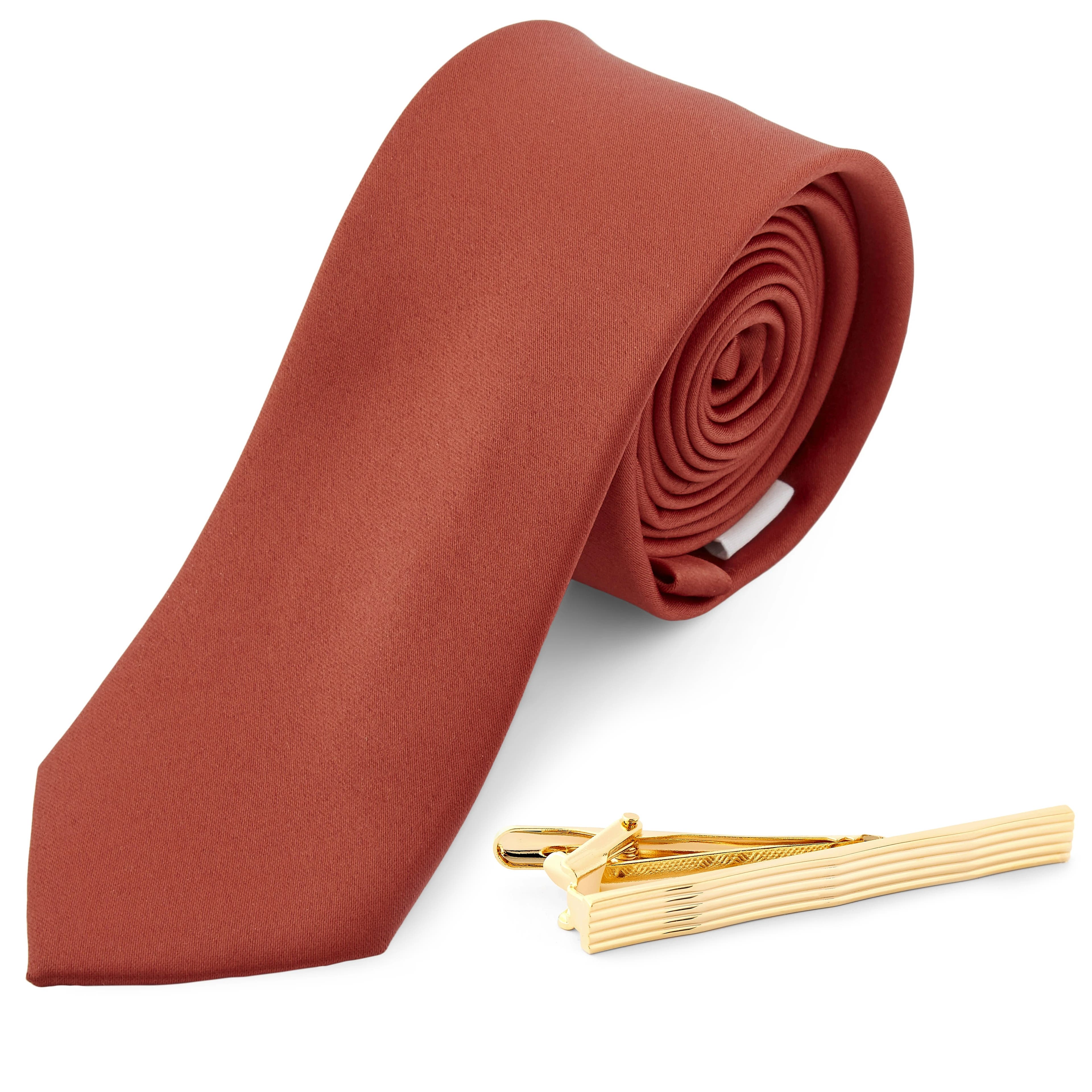 Zestaw krawat terrakota i złocisty klips do krawata