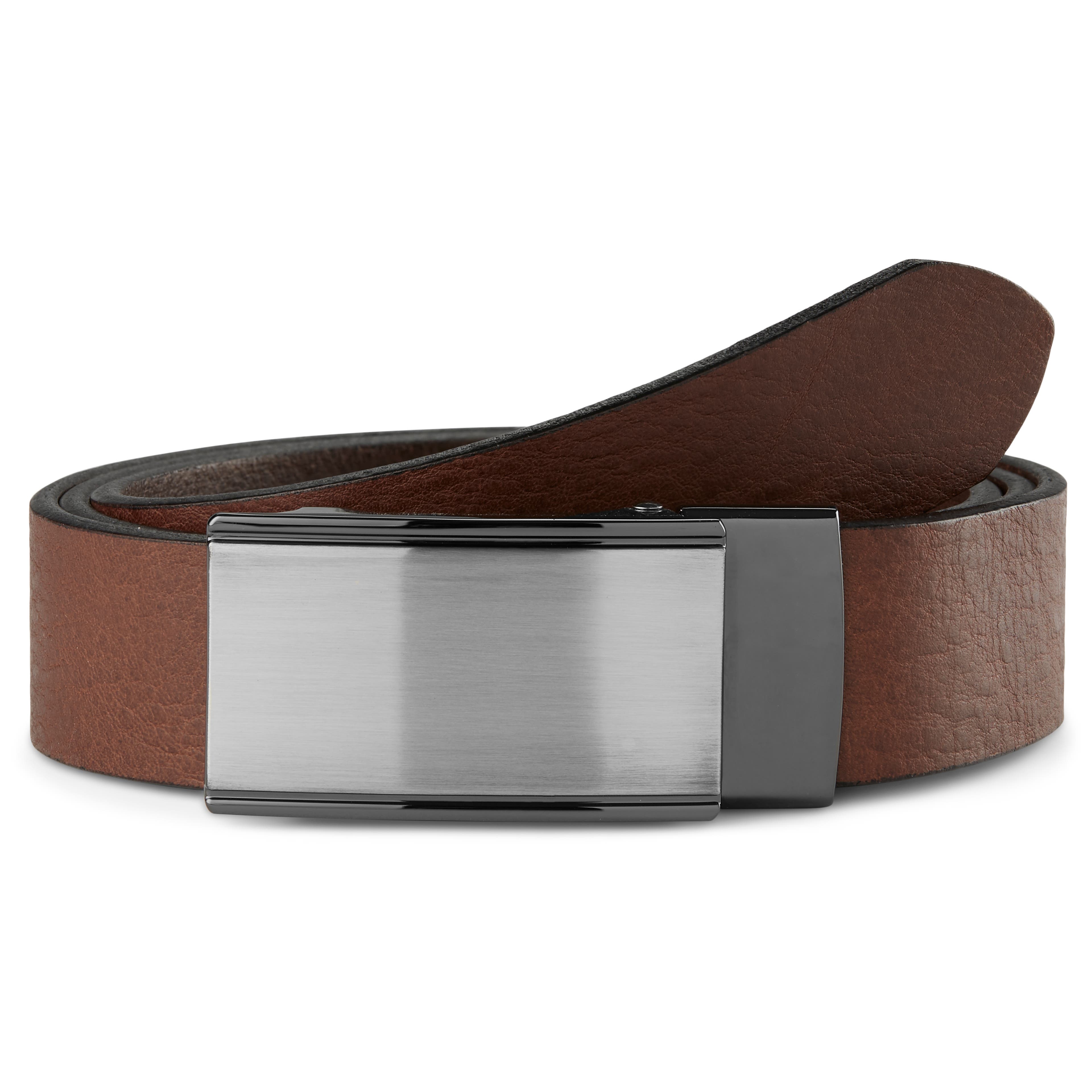 Dark Brown Leather Auto Lock Belt with Solid Buckle