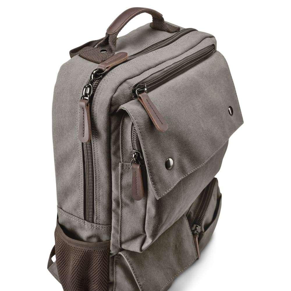 hover: Metallic Grey Canvas & Brown Leather Compact Backpack hover: Metallic Grey Canvas & Brown Leather Compact Backpack