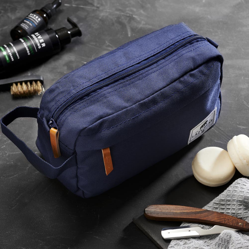 hover: Lewis | Navy Blue Polyester & Faux Leather Toiletry Bag hover: Lewis | Navy Blue Polyester & Faux Leather Toiletry Bag