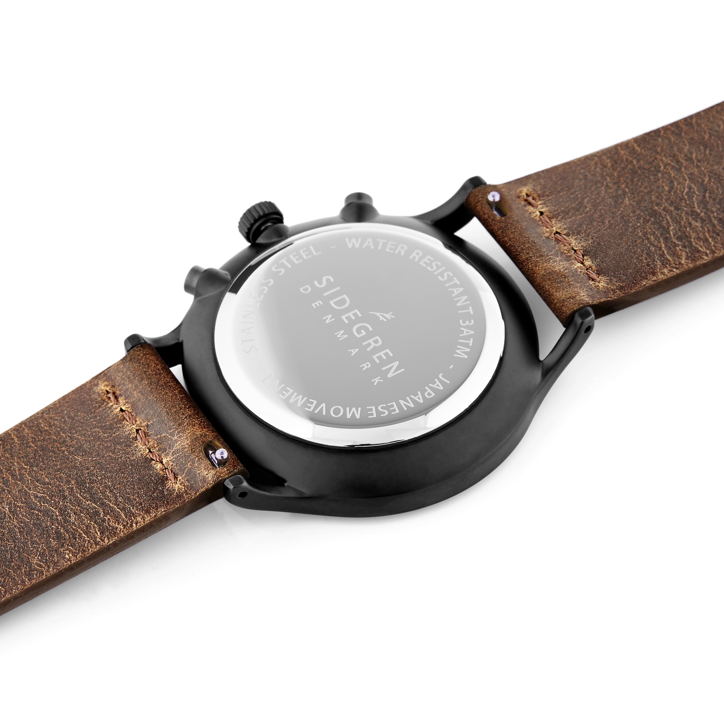 Revil | Black Chronograph Watch With Black Dial & Chocolate Brown Leather Strap - 4