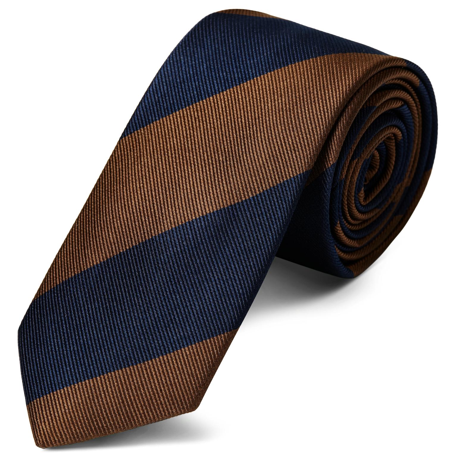Cravatta blu navy e marrone in seta da 6 cm con motivo a righe Cravatta blu navy e marrone in seta da 6 cm con motivo a righe