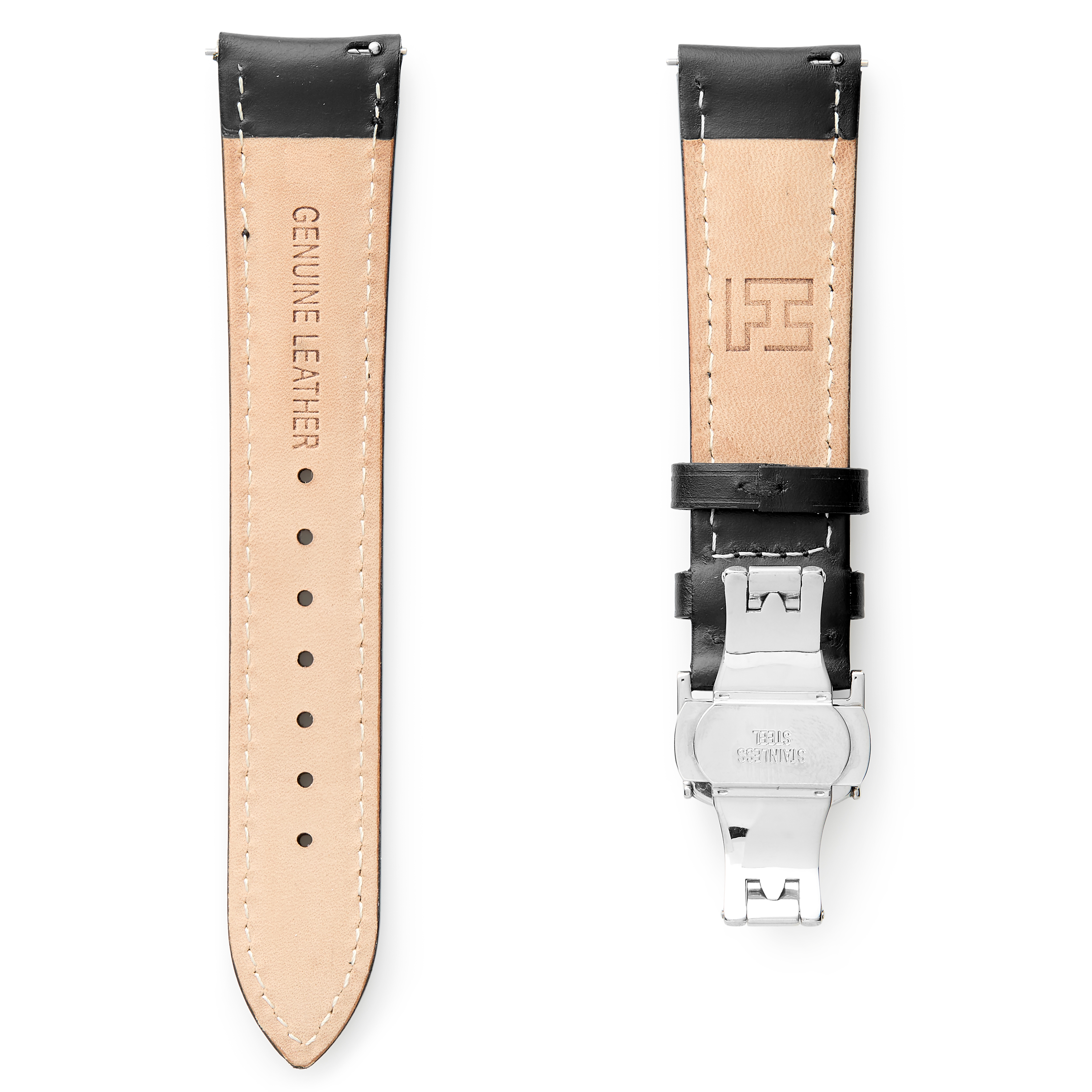 20mm Black Leather Watch Strap with Automatic Butterfly Lock – Quick Release - 2
