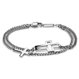 Unity |  Bracelet à double chaîne en acier inoxydable argenté avec breloques en croix