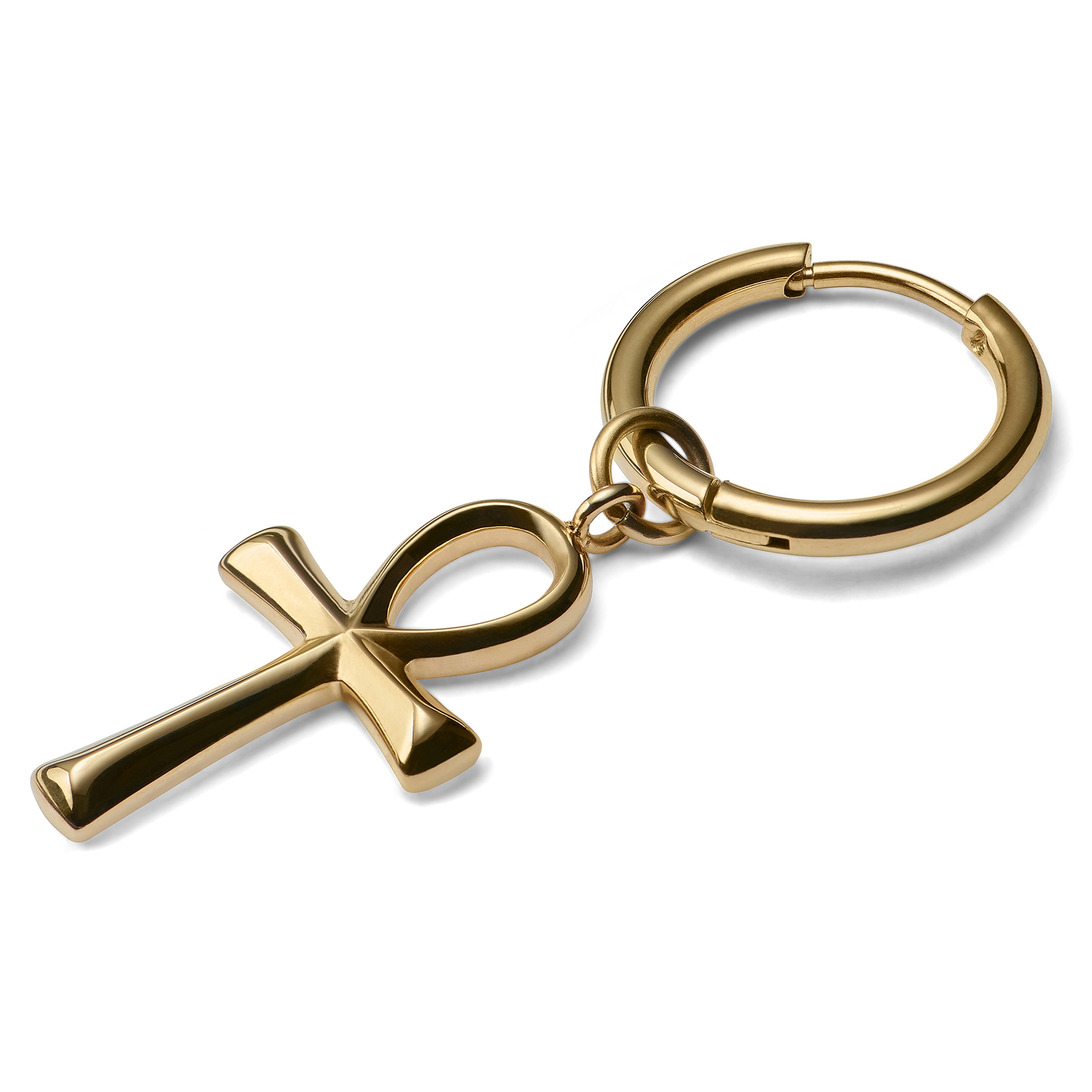 Gold-Tone Steel Drop Hoop Earring with Ankh Charm | In stock! | Lucleon