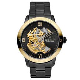Dante | Black Stainless Steel Skeleton Watch With Black Dial, Gold-Tone Movement & Gold-Tone Bezel