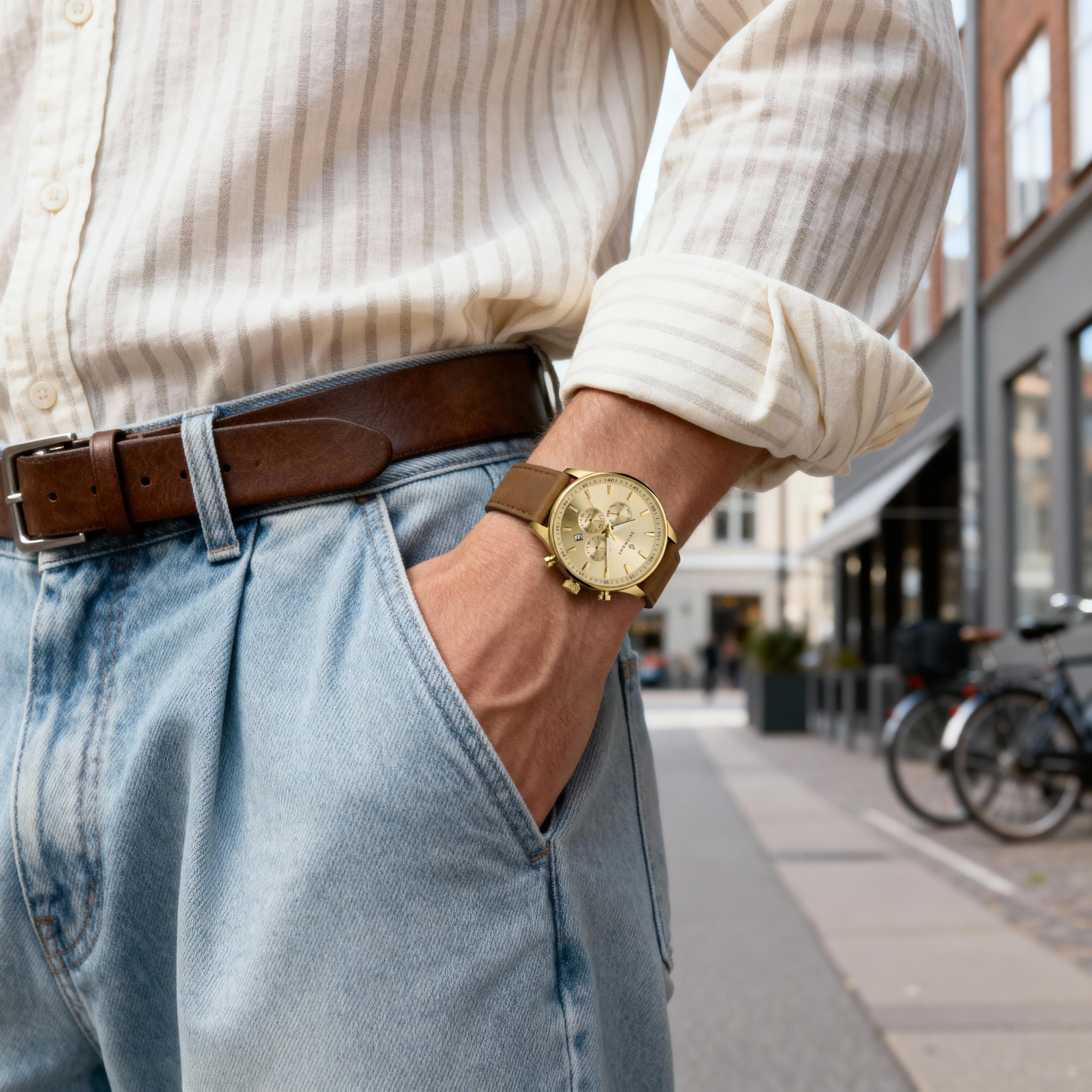 Troika II | Gold-Tone Dual-Time Watch With Gold-Tone Dial & Brown Leather Strap - 2