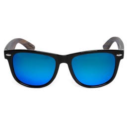 Černo-modré polarizační sluneční brýle s nožičkami z ebenového dřeva  