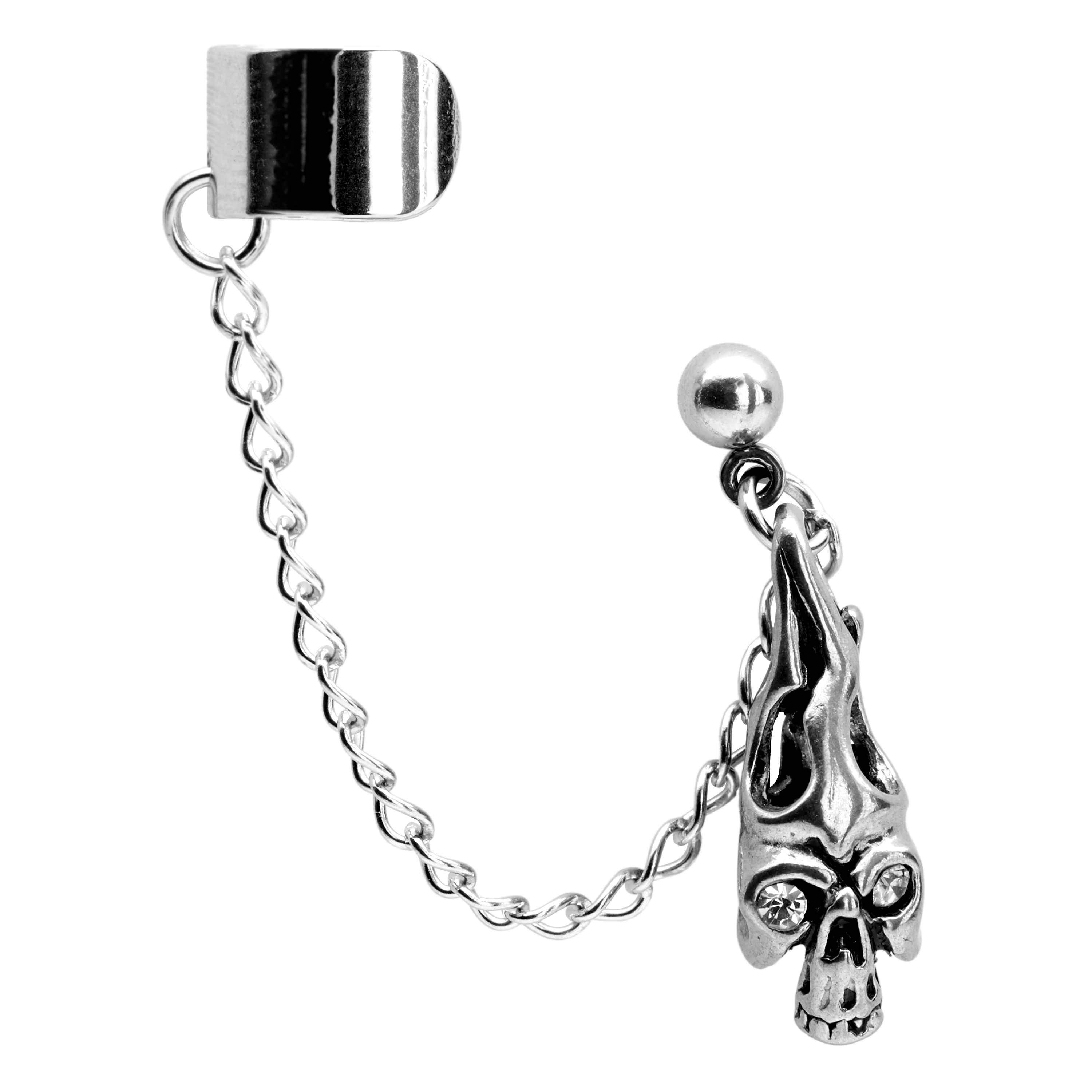 Vlammend Doodshoofd Oorbel met Manchet en Ketting - 2