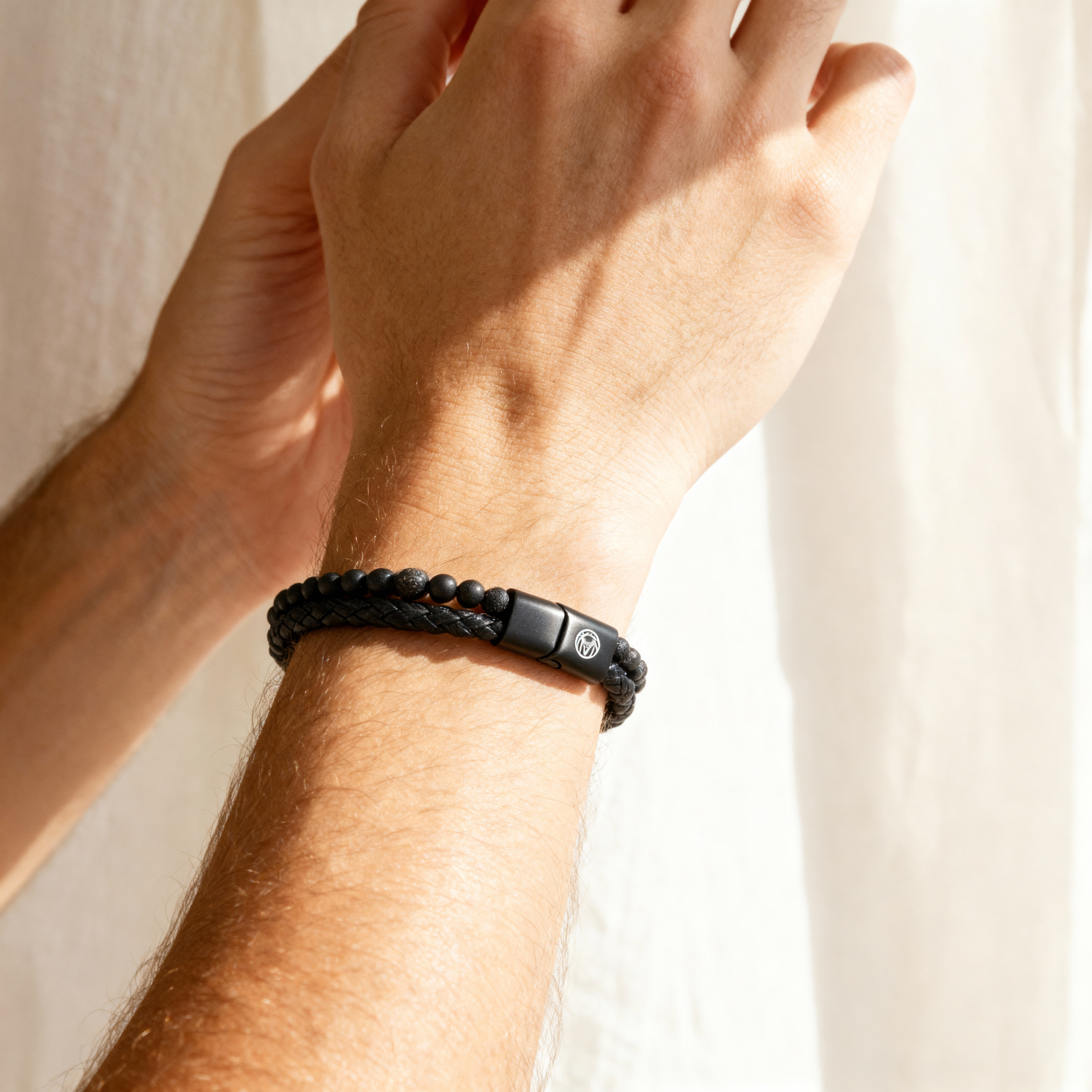 Black Lava Stone & Leather Icon Bracelet  - 6