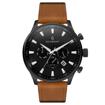 Troika II | Black Dual-Time Watch With Black Dial, Silver-Tone Markers & Brown Leather Strap Troika II | Black Dual-Time Watch With Black Dial, Silver-Tone Markers & Brown Leather Strap
