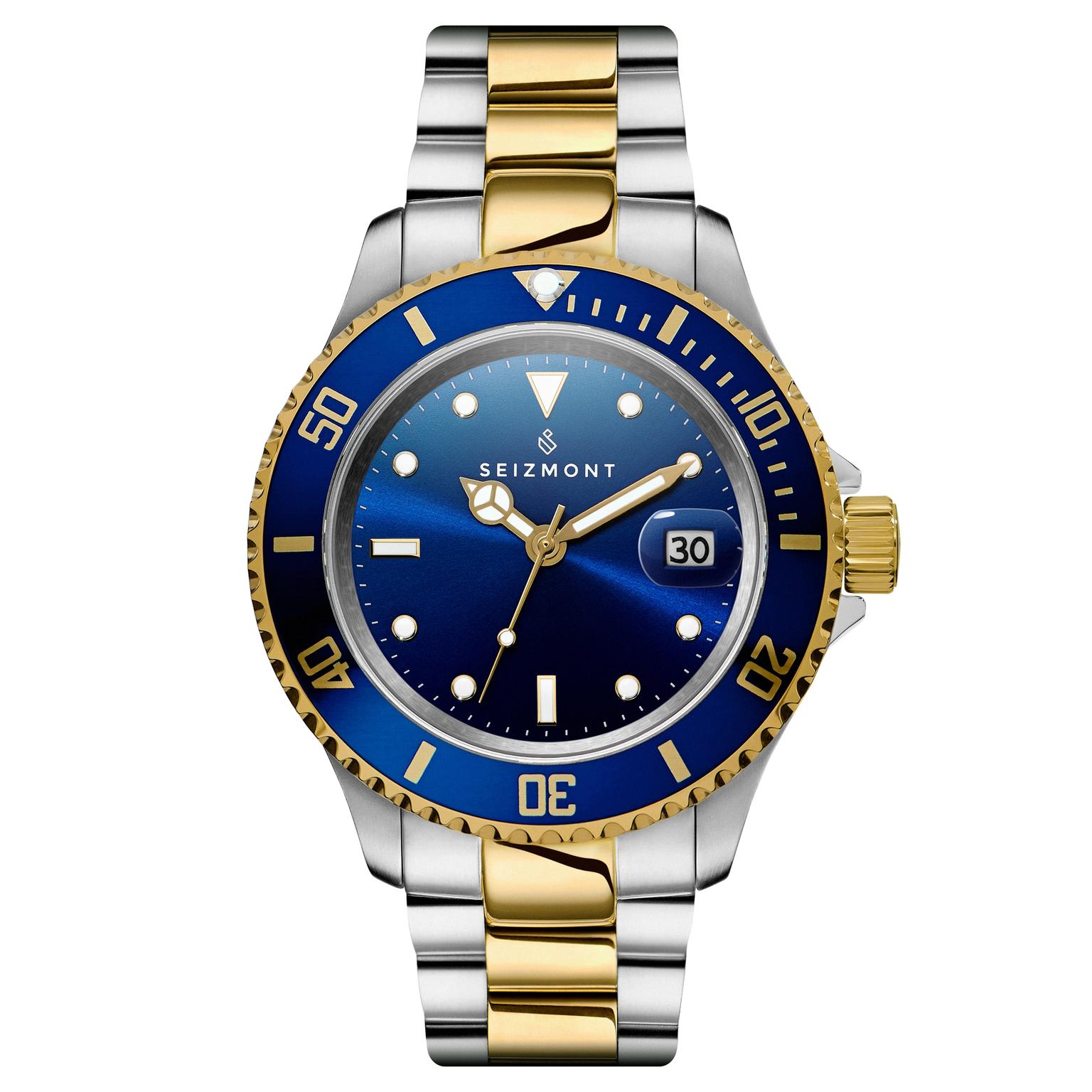 Tide II | Silver & Gold-Tone Stainless Steel Quartz Movement Dive Watch With Blue Dial & Cyclops Tide II | Silver & Gold-Tone Stainless Steel Quartz Movement Dive Watch With Blue Dial & Cyclops