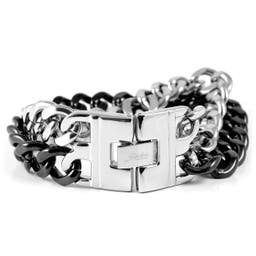 Black & Silver-Tone Stainless Steel Double Curb Chain Bracelet