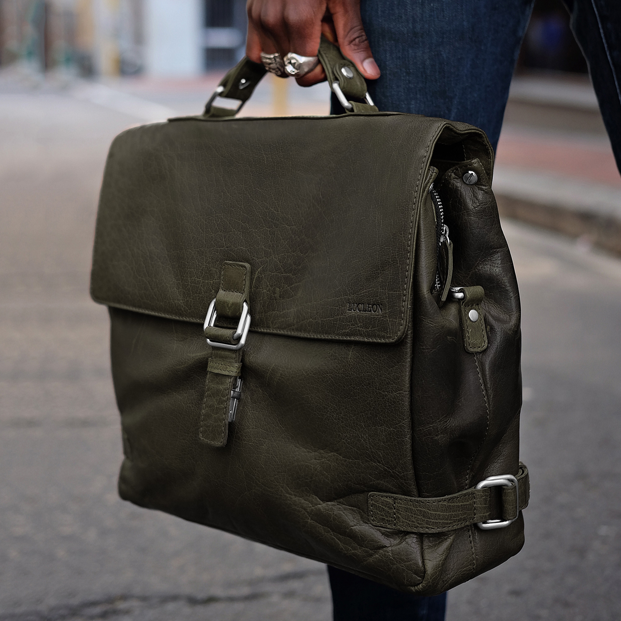 Montreal Luxe Leren Olijfkleurige Boekentas - 15