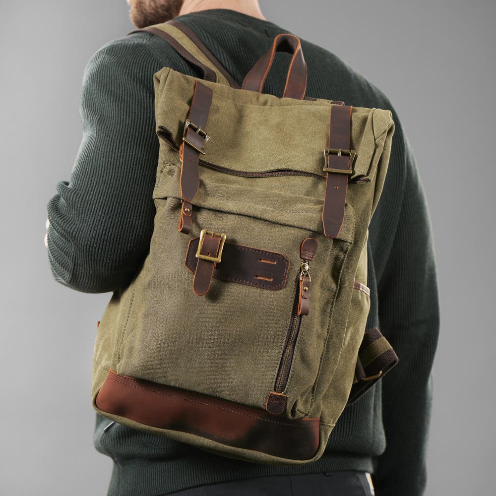 hover: Rugged Vintage-Style Army Green Canvas & Leather Backpack hover: Rugged Vintage-Style Army Green Canvas & Leather Backpack