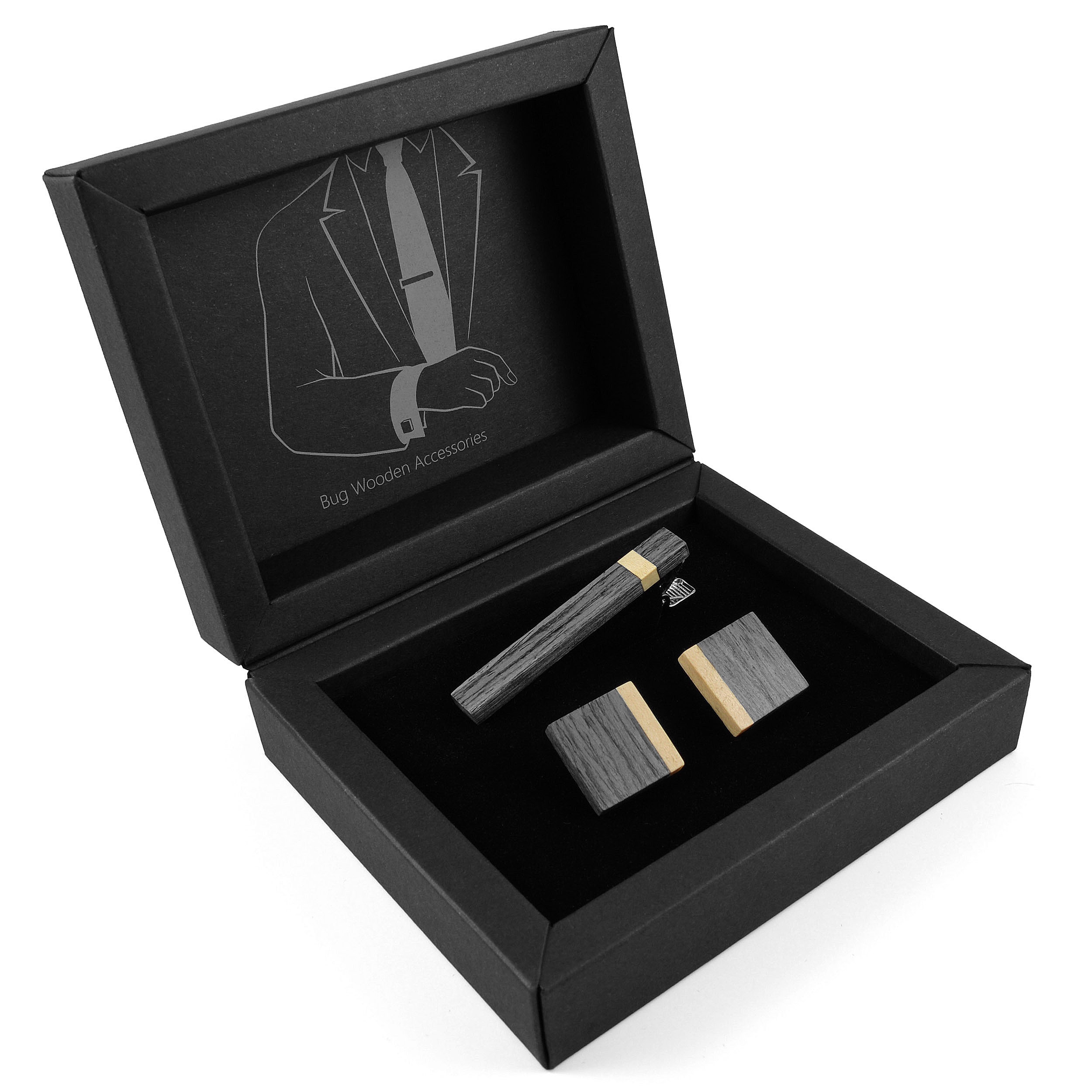 Grauer Eichenholz Set aus Krawattenspange und Manschettenknöpfen - 2