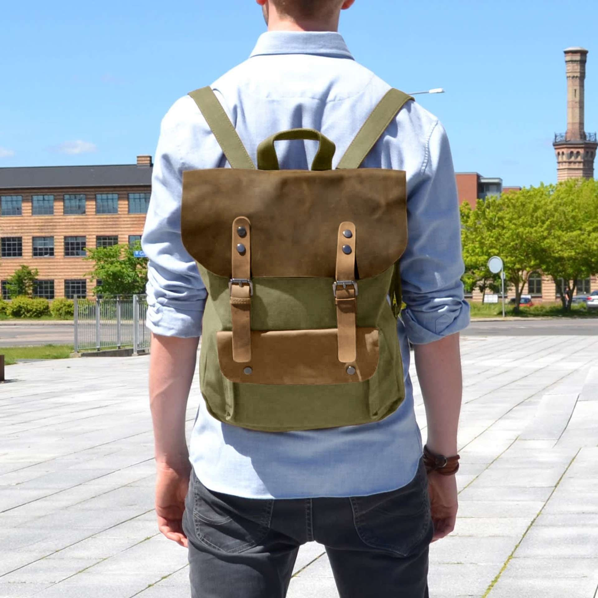 Olive Green Canvas & Dark Earth Leather Pull-up Backpack | In stock ...