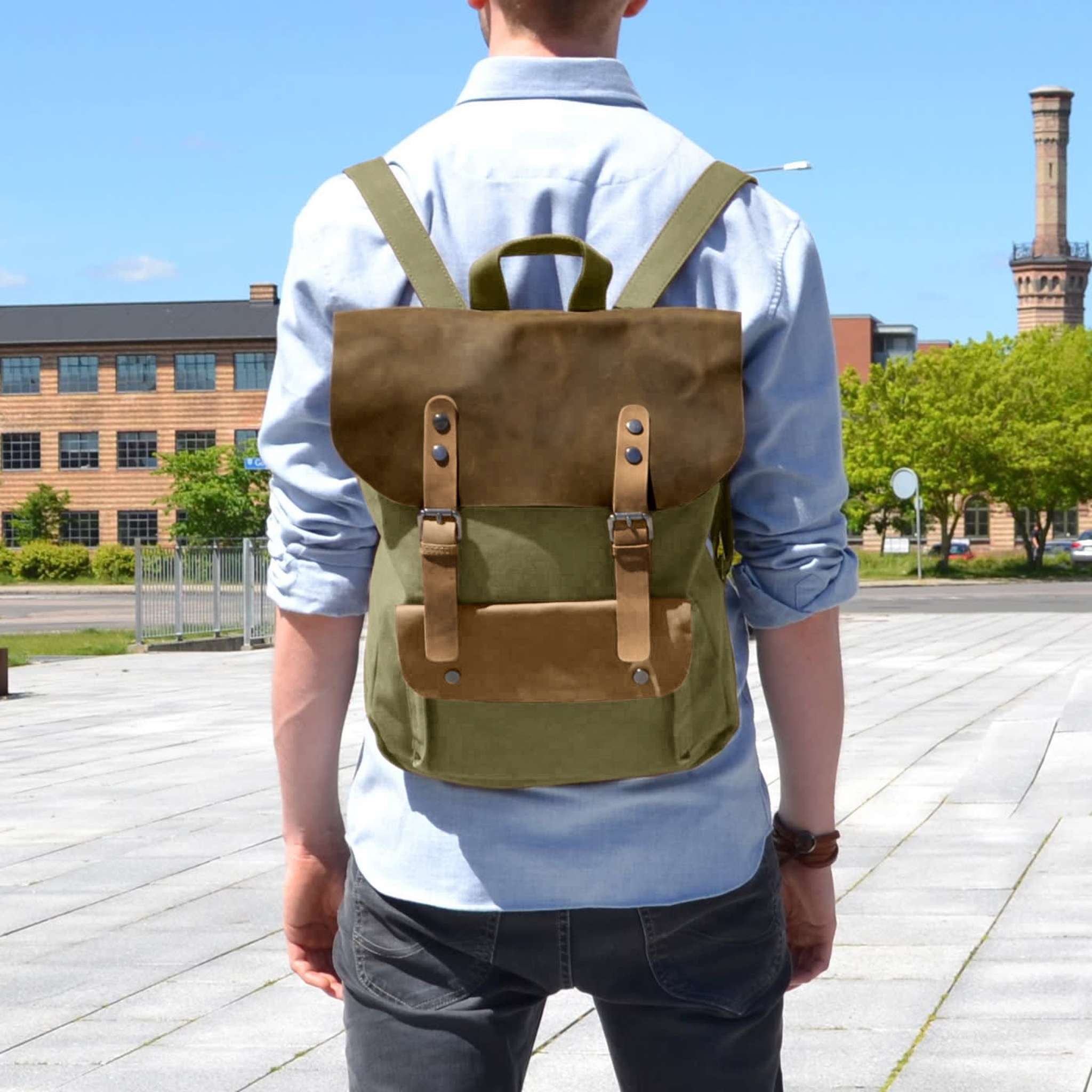 Olive Green Canvas & Dark Earth Leather Pull-up Backpack | In stock ...