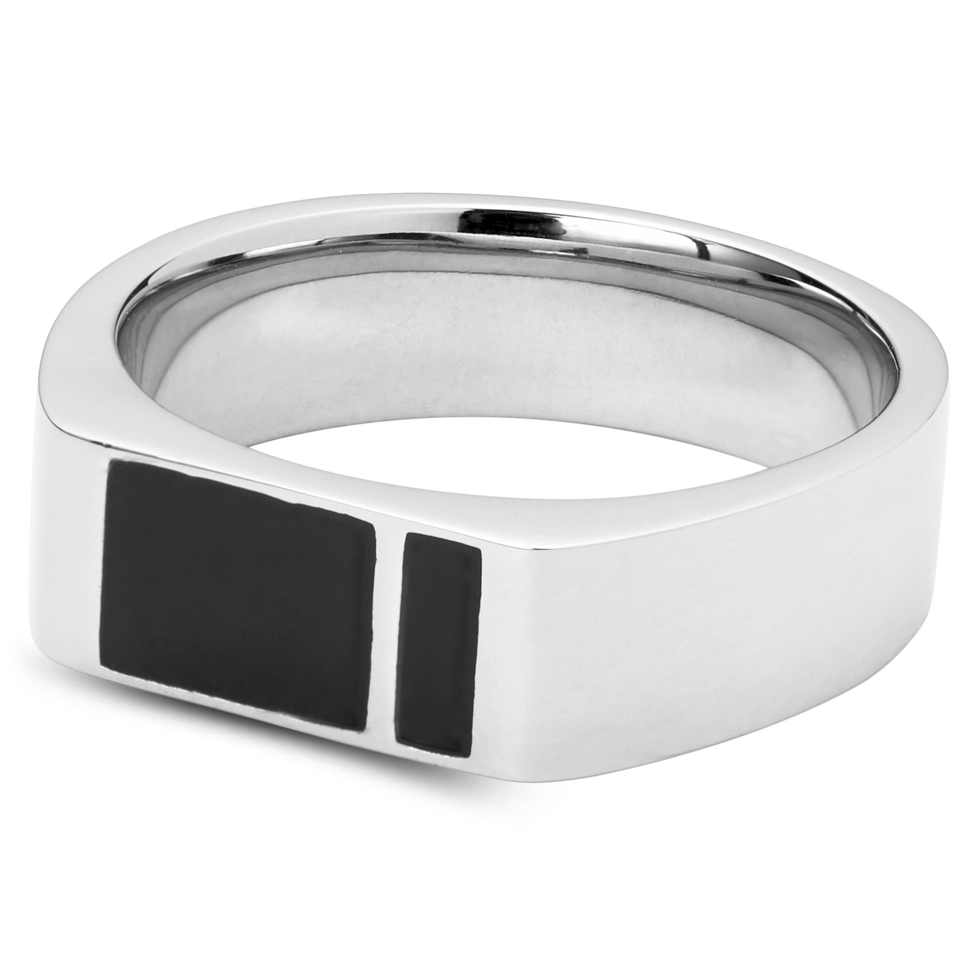 Silver-Tone Stainless Steel With Black Enamel Signet Ring