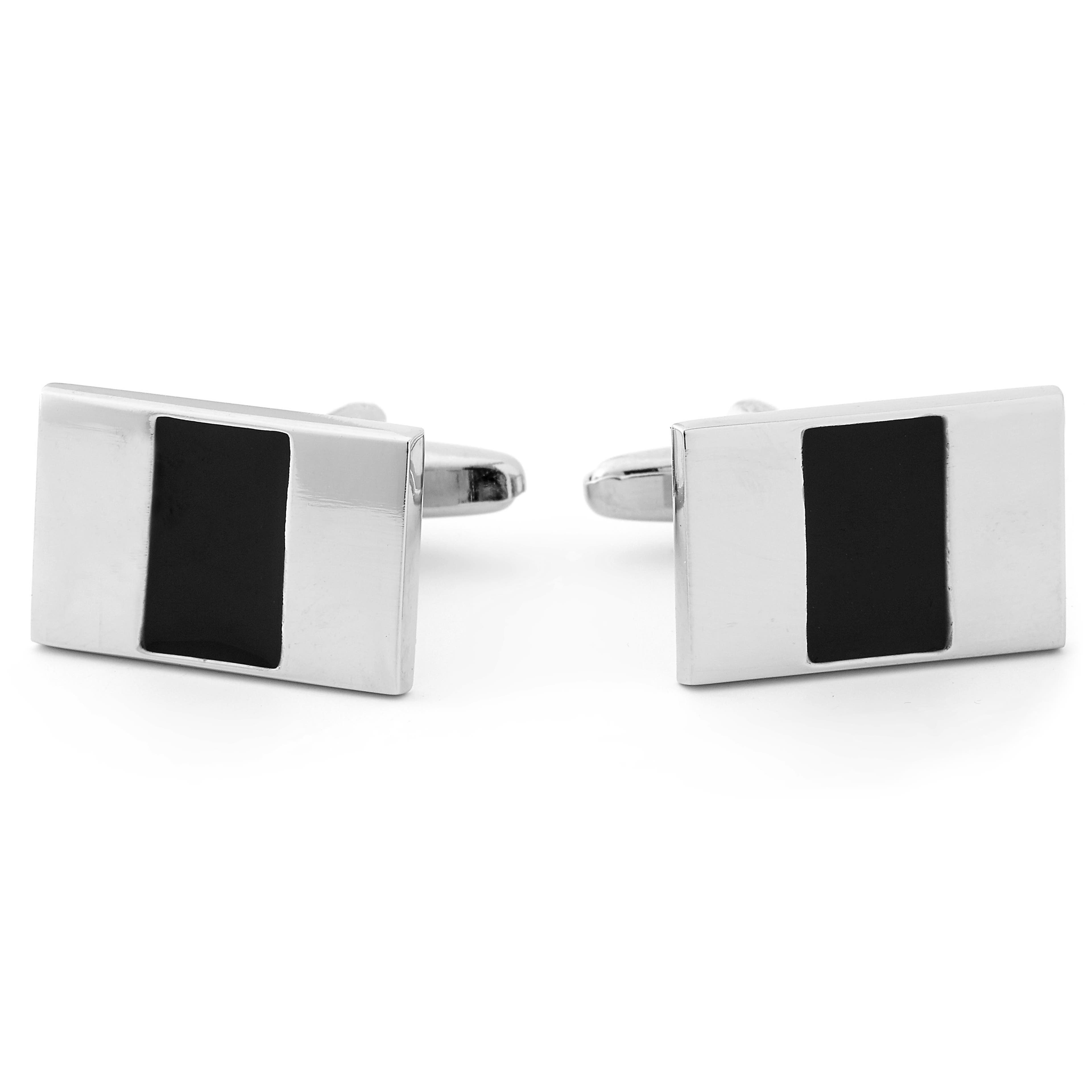 Slim Silver-Tone & Black Cufflinks