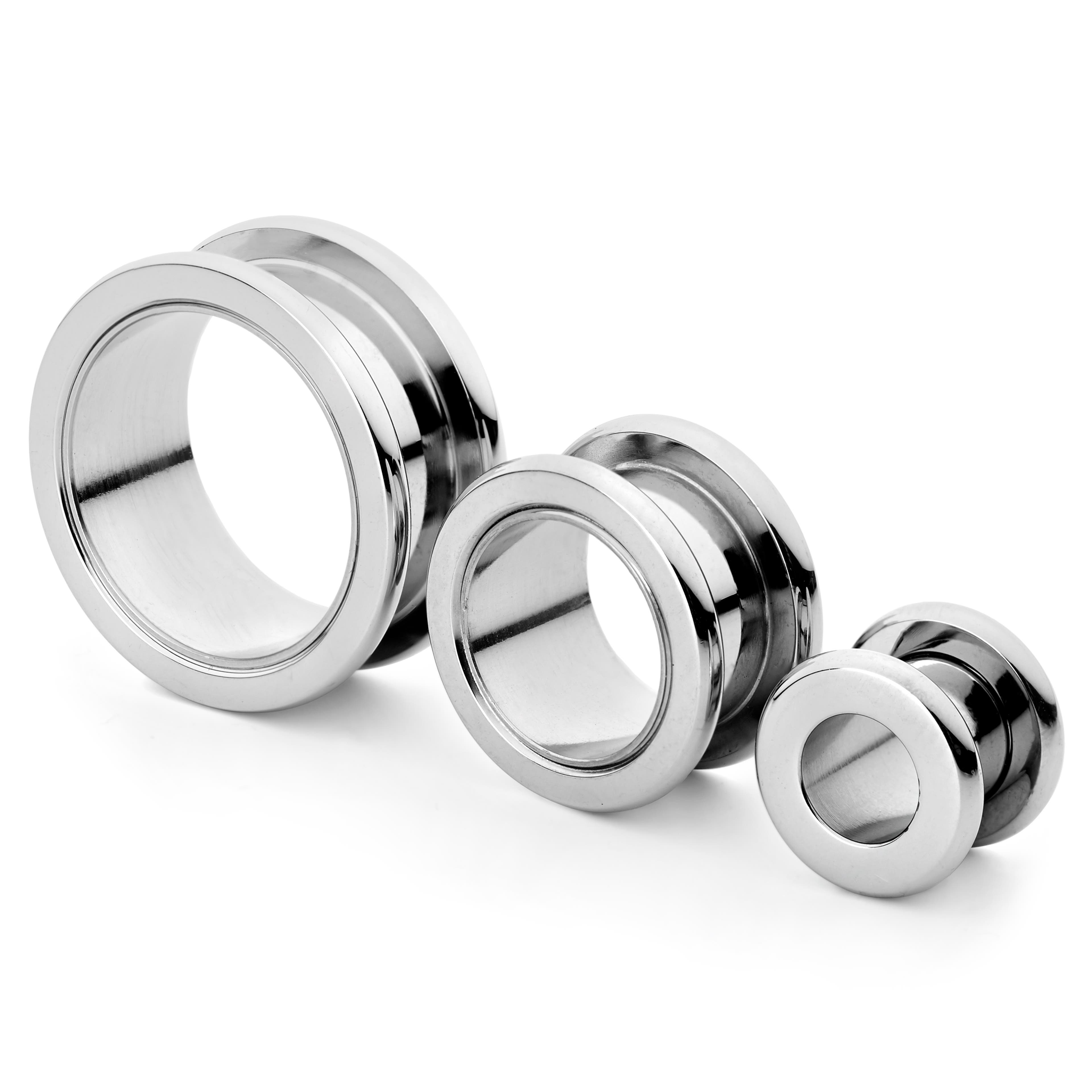 Silver-Tone Stainless Steel Thick-Rimmed Screw-Fit Tunnel Earring