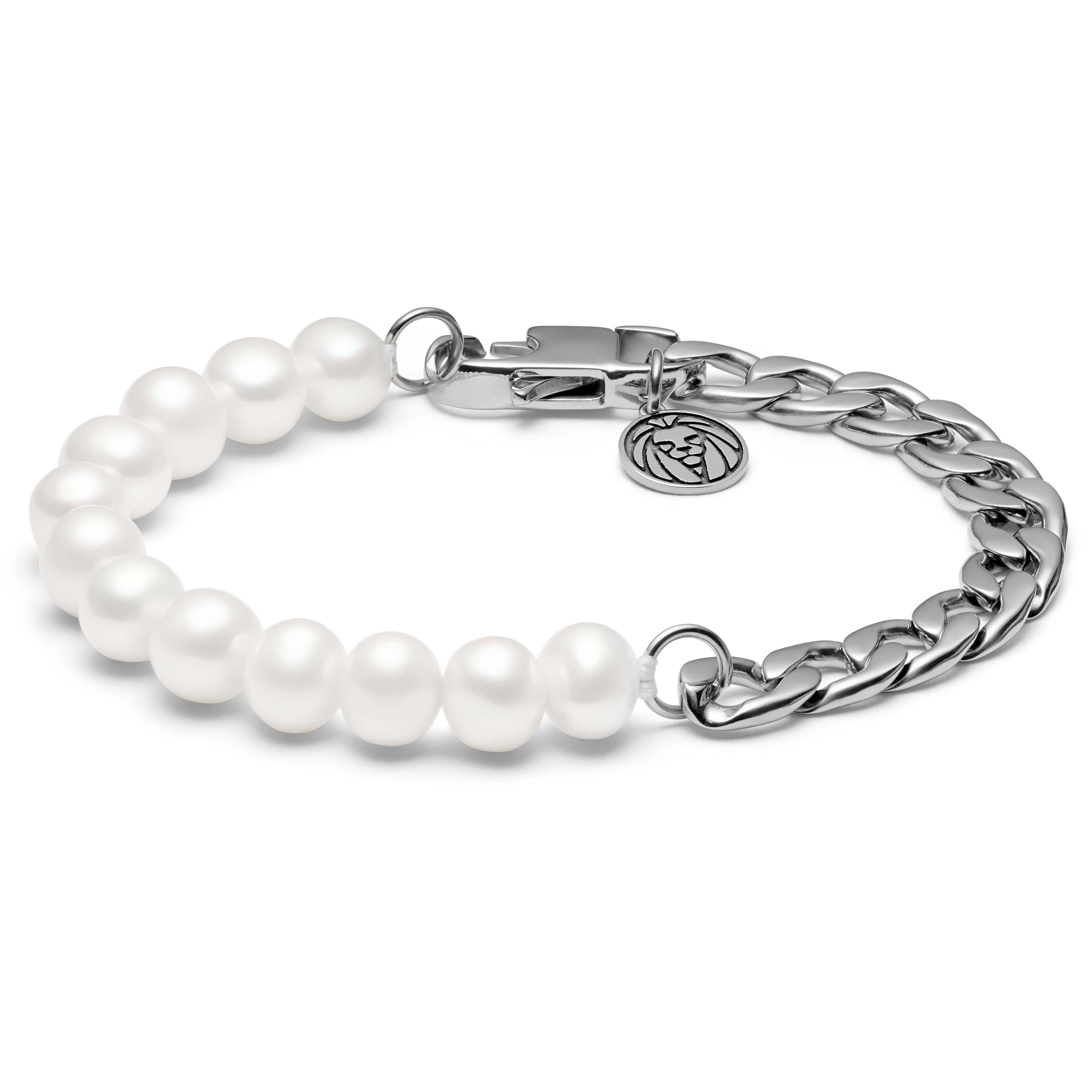 Amager | Silver-Tone Stainless Steel Curb Chain & Pearl Bracelet