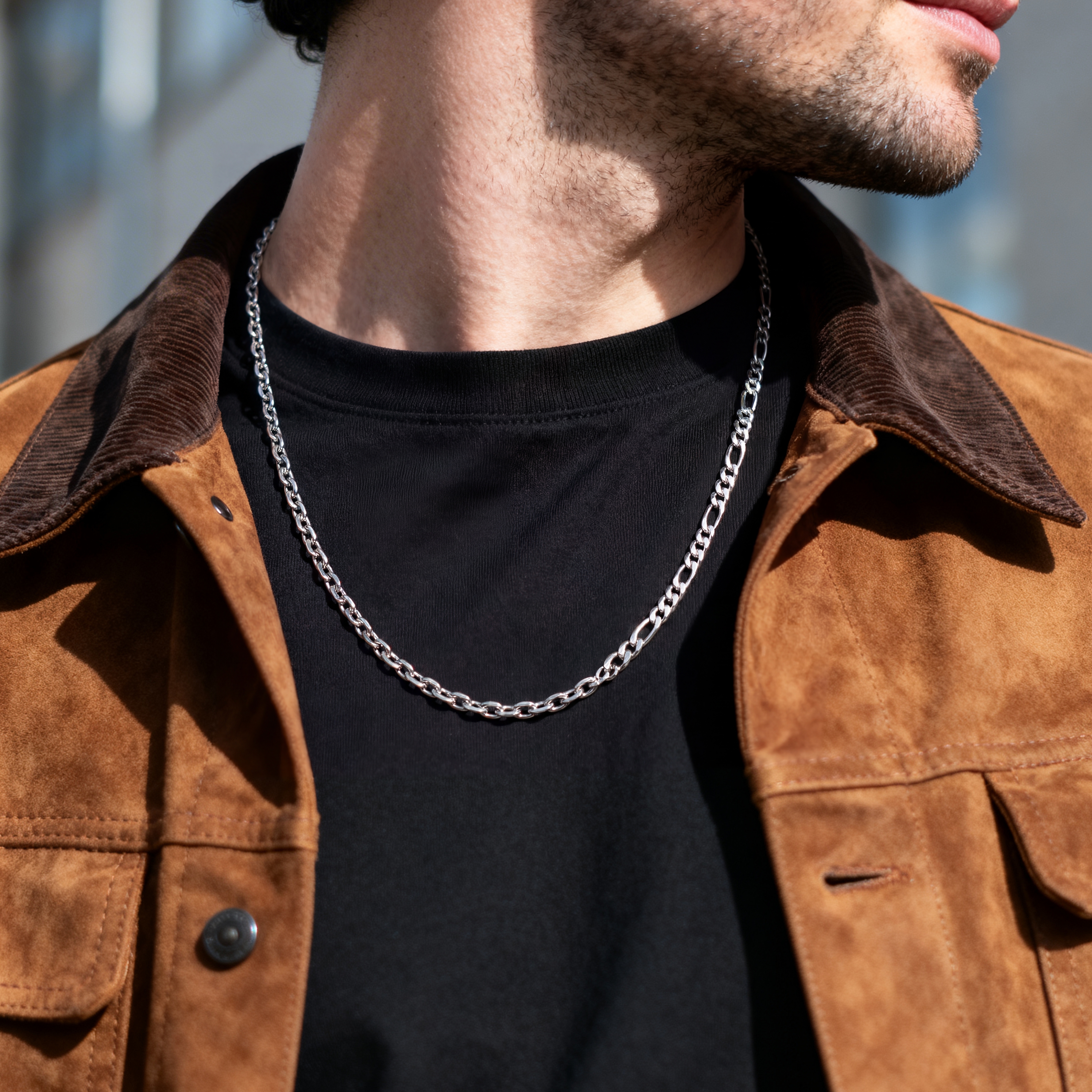 New Classics | 6 mm silberfarbene Edelstahl Halskette mit doppelgliedriger Ankerkette und Figarokette - 3