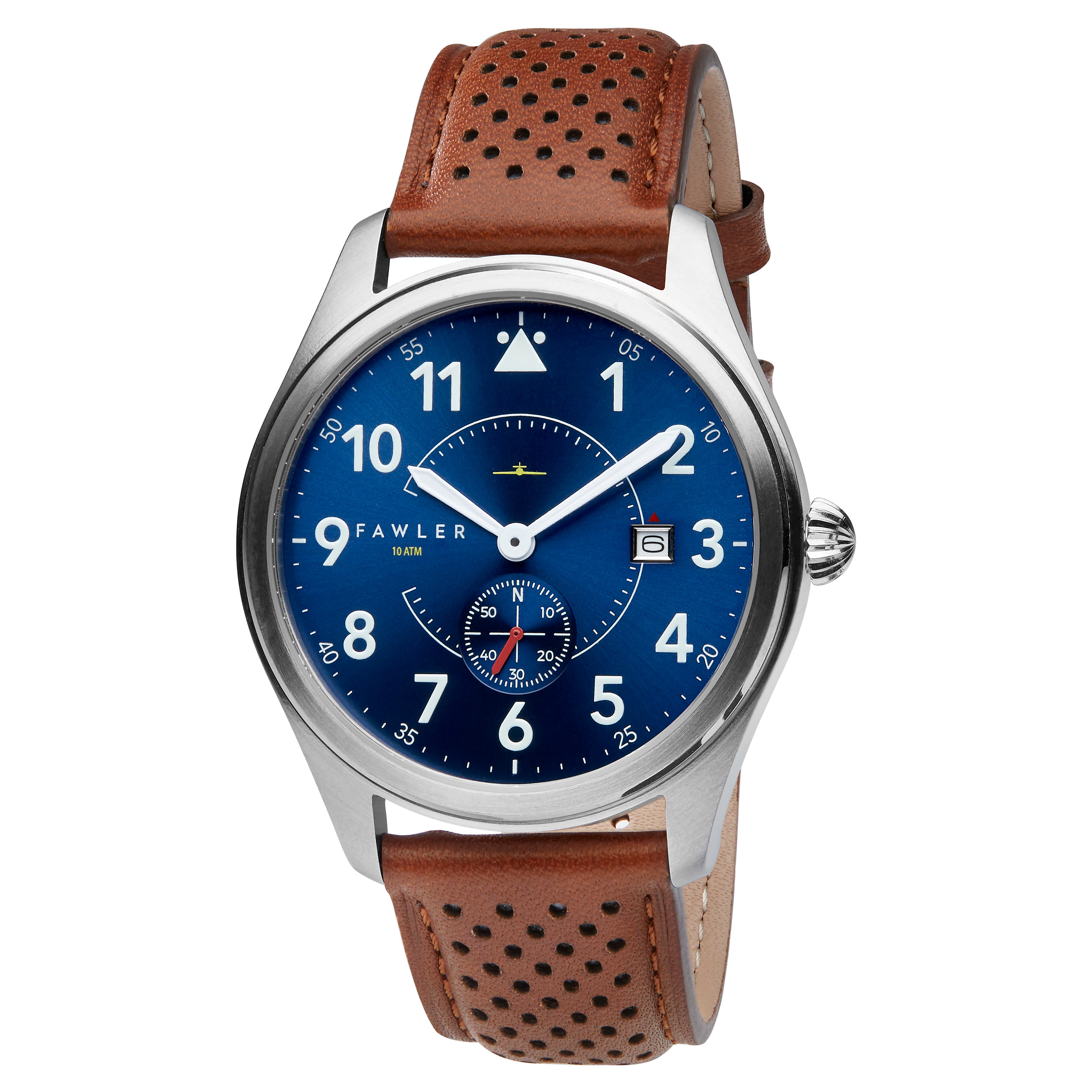 Aviator | Silver-Tone Aviator Watch With Blue Dial, White Numbers, Arms & Rust Strap