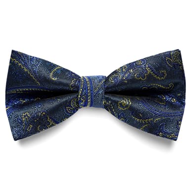 Hellblau & goldene Vorgebundene Fliege aus Seide mit Paisleymuster Hellblau & goldene Vorgebundene Fliege aus Seide mit Paisleymuster