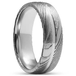 Fortis | 7 mm srebrzysty rowkowany pierścionek ze stali damasceńskiej i tytanu