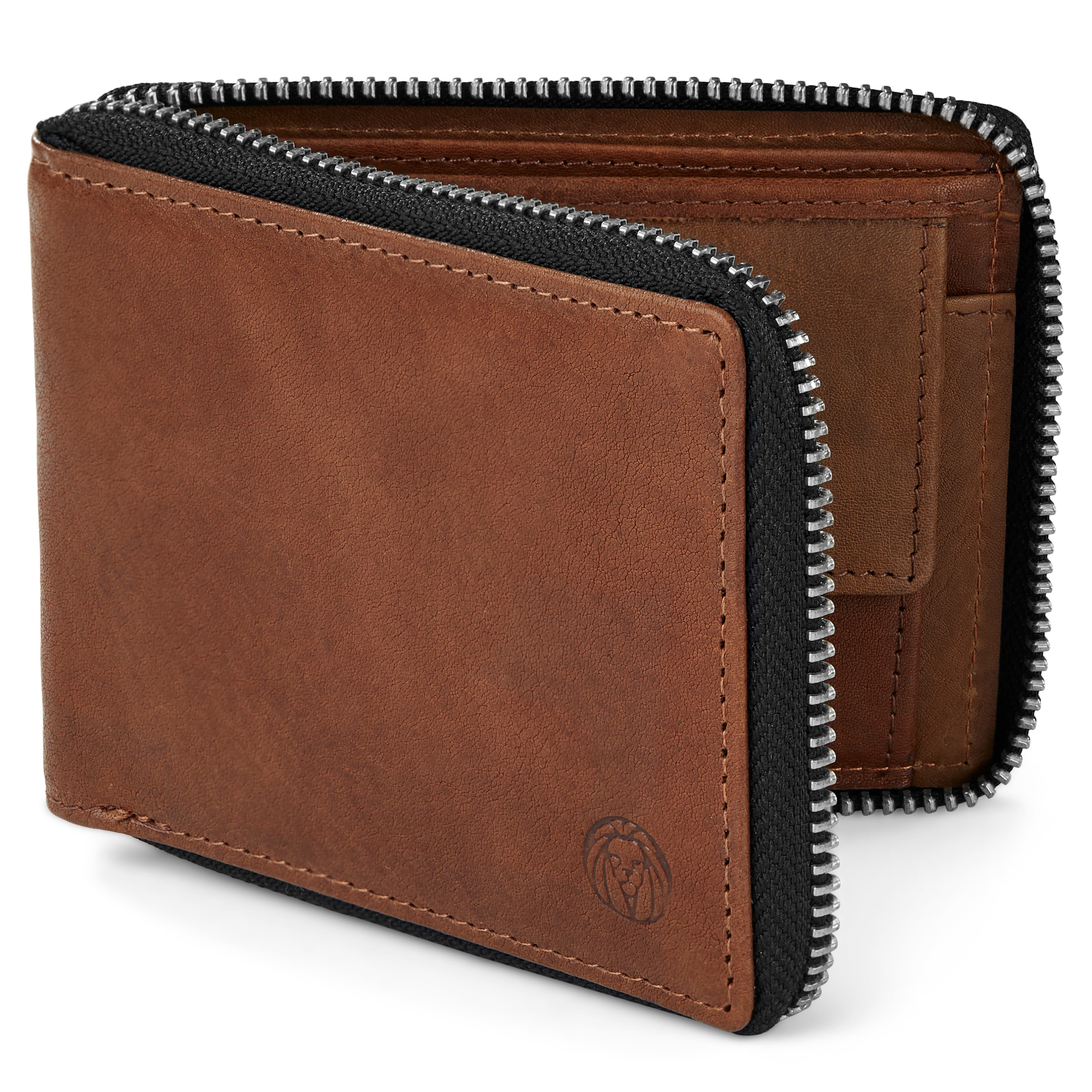 Zip-Lined Tan RFID Leather Wallet