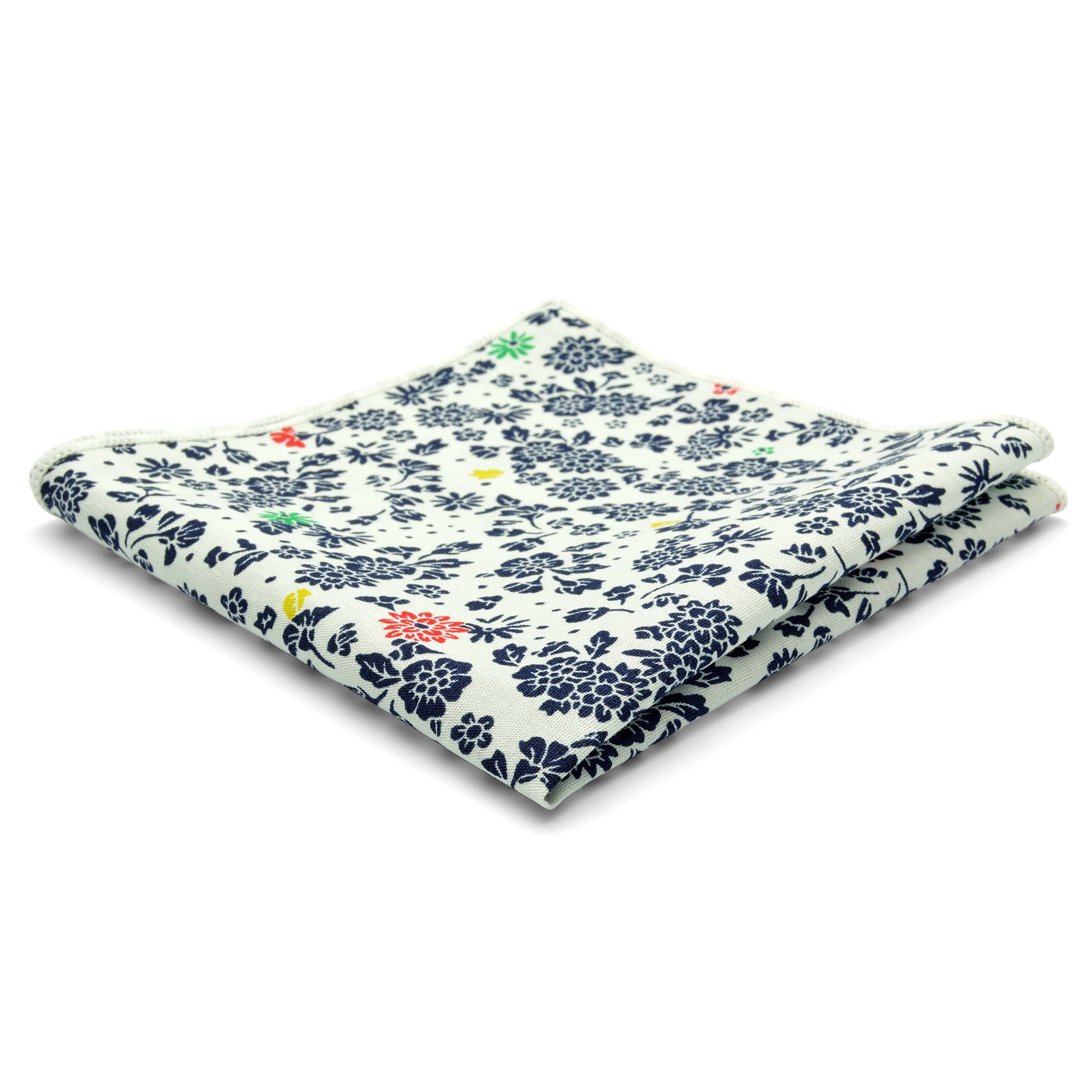 Pañuelo de bolsillo de algodón con diseño floral en blanco y azul 