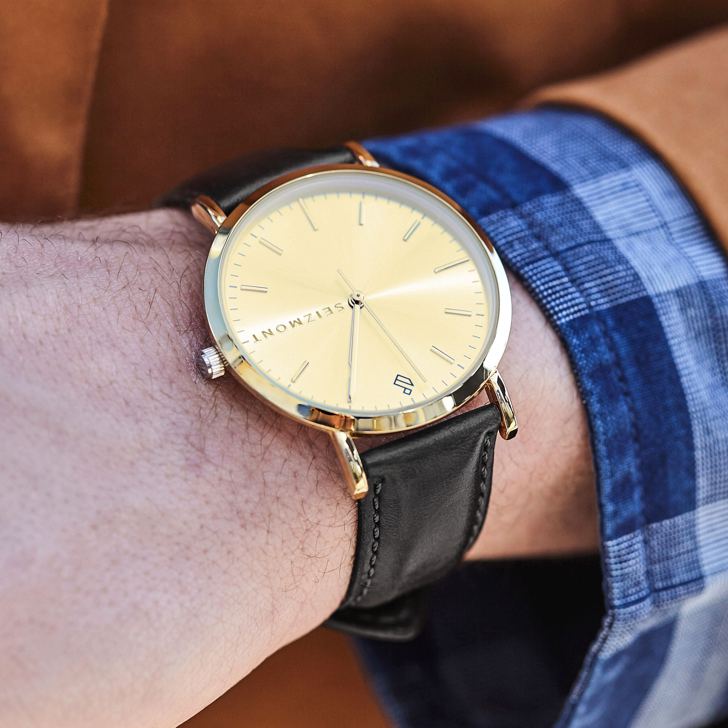 Moment | Kullansävyinen Minimalistinen Analogi Kvartsikello Samppanja Kellotaululla & Mustalla Nahkarannekkeella - 3